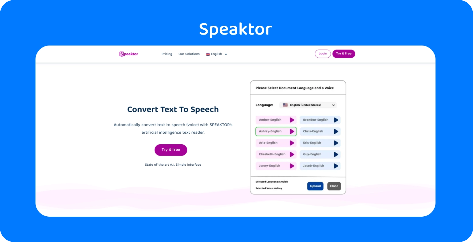 Speaktor offre un'interfaccia facile da usare per la conversione da testo a voce.