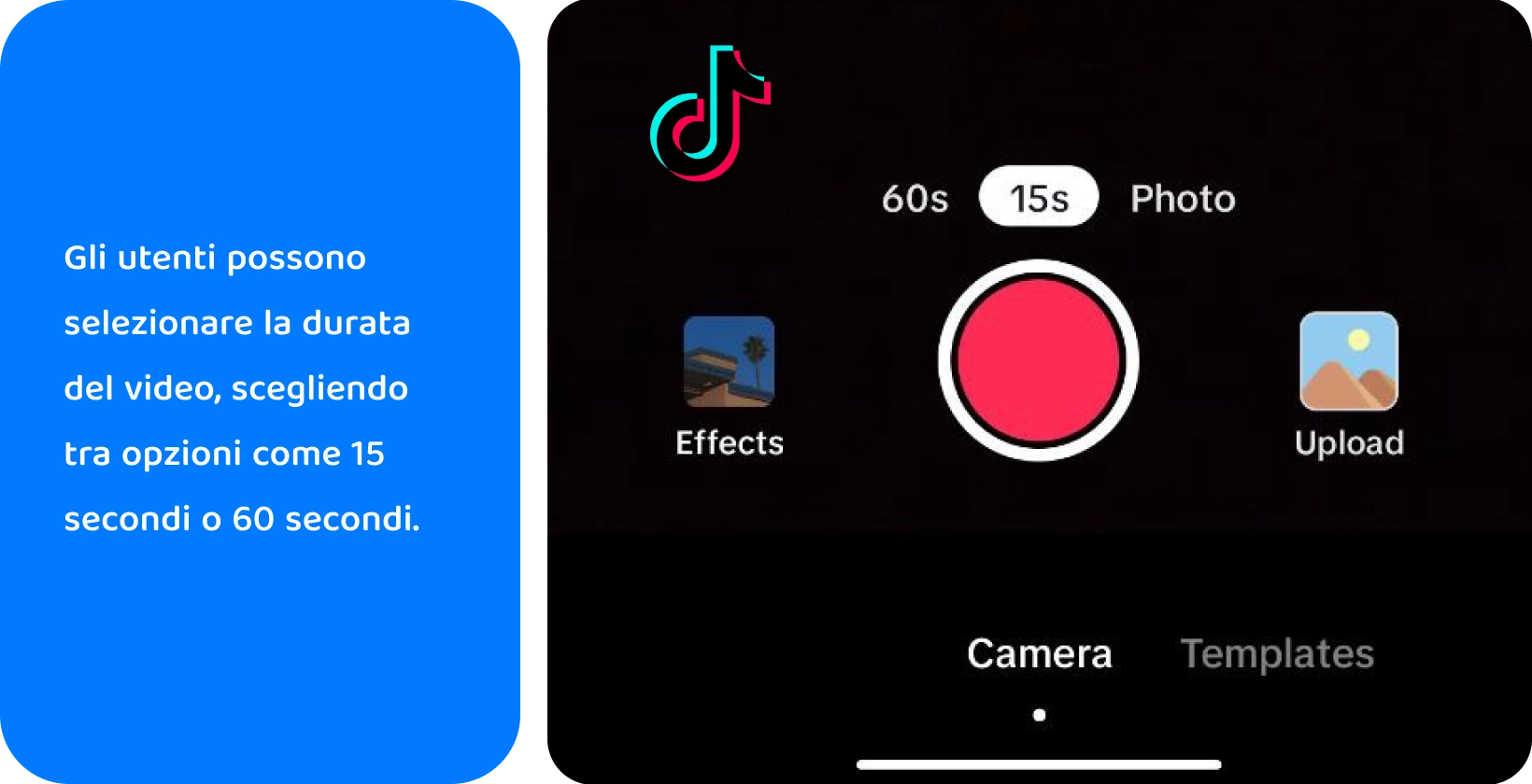 L'interfaccia di registrazione di TikTok con opzioni per aggiungere suoni, capovolgere la fotocamera, applicare filtri, utilizzare il timer e altro ancora per la creazione di video creativi.

