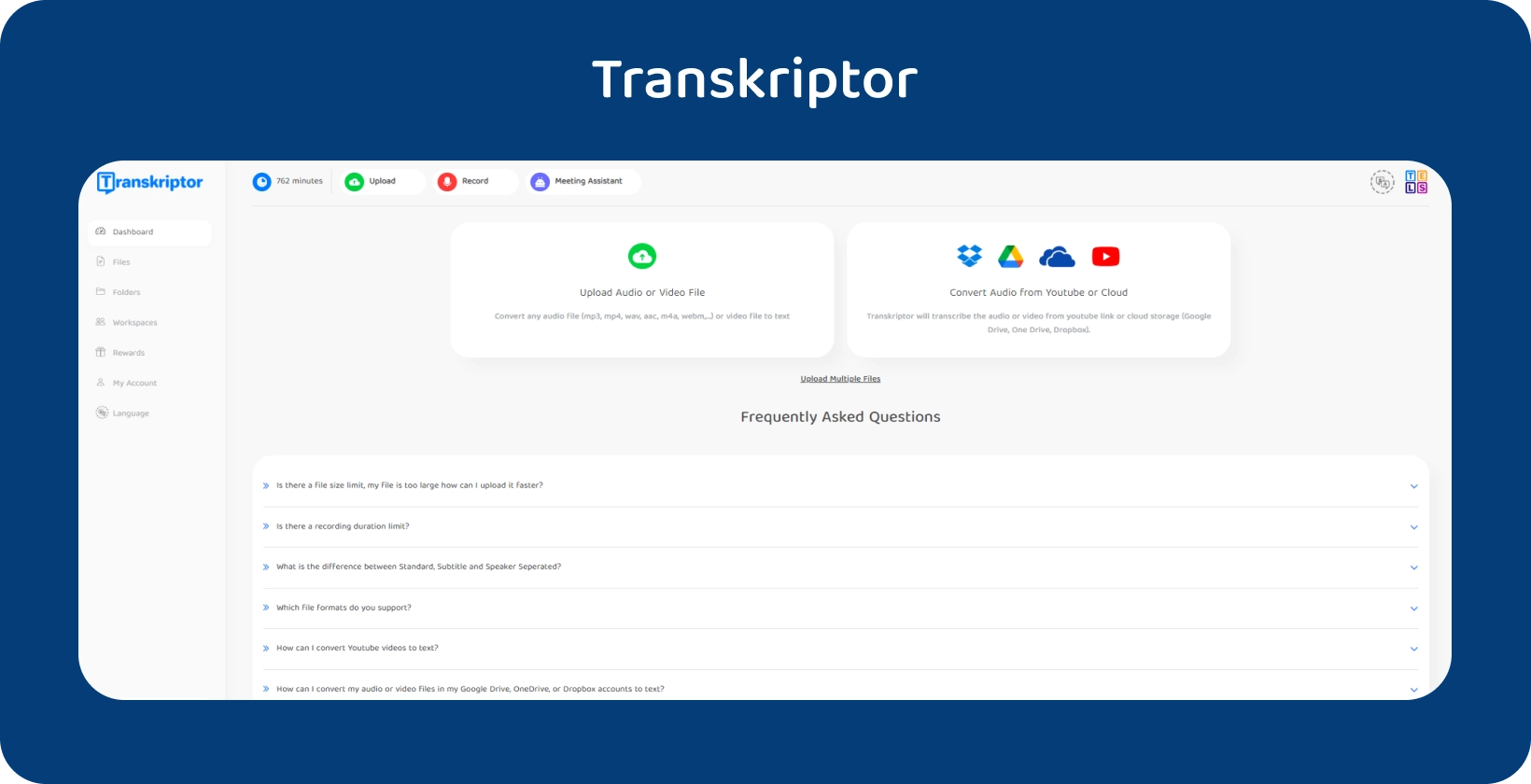 L'interfaccia di Transkriptor promuove il suo servizio di conversione da audio a testo.
