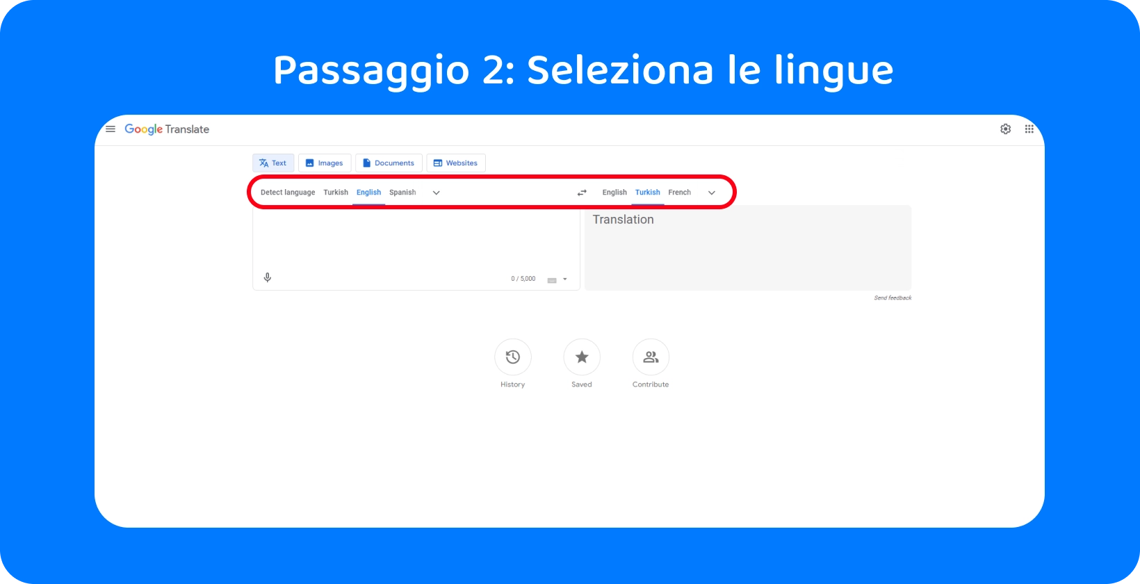 L'interfaccia di Google Translate mostra una casella di testo pronta per l'input audio, Passaggio 2 nel processo di conversione da audio a testo.