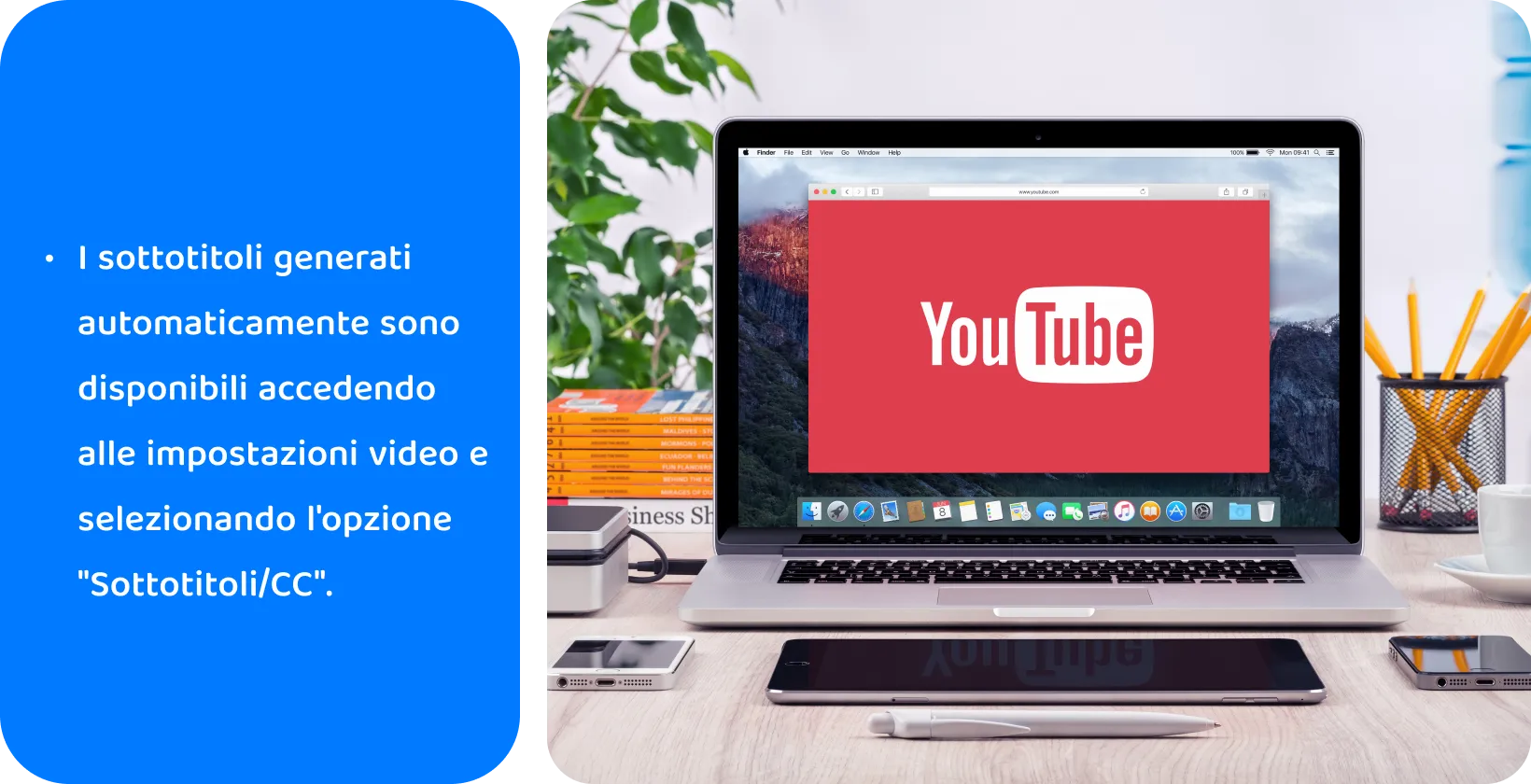 YouTube sullo schermo di un laptop, promuovendo l'uso di didascalie generate automaticamente per l'accessibilità video e la SEO.