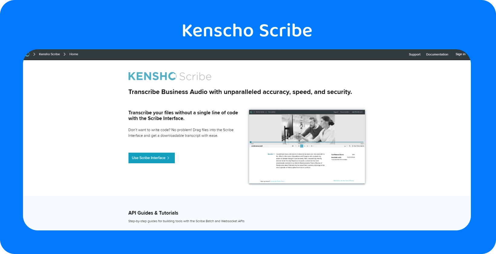 Word의 받아쓰기를 보완하는 고급 AI 도구를 제공하는 'SOLUTIONS' 텍스트가 있는 Kensho 웹 사이트 페이지입니다.