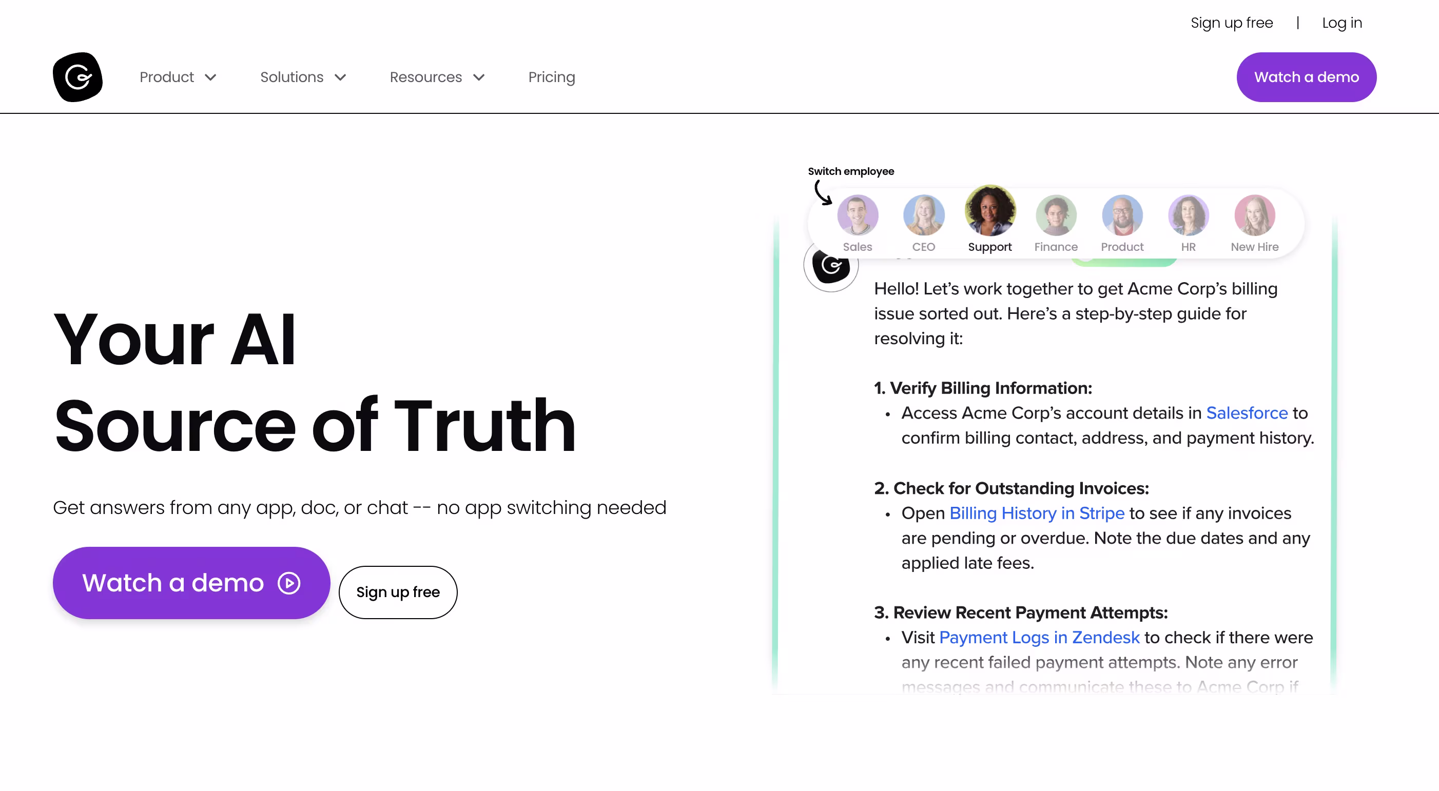AI knowledge assistant interface showing conversational support across departments