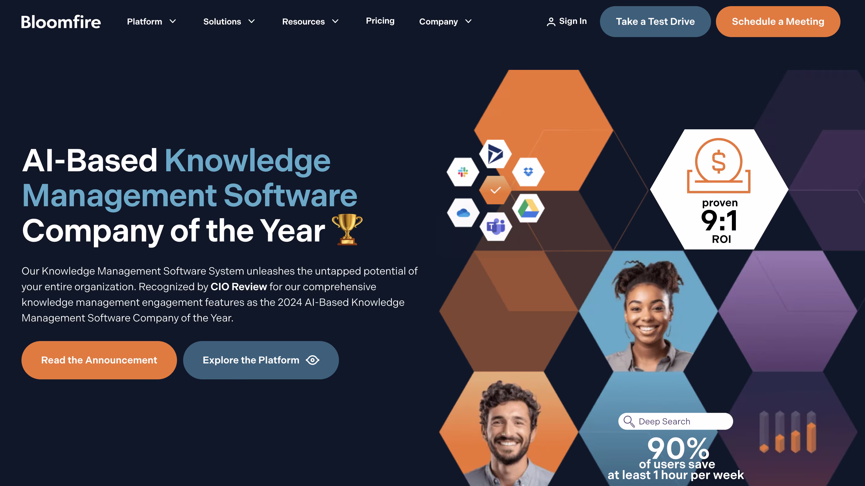 Bloomfire homepage showcasing their AI-based knowledge management platform