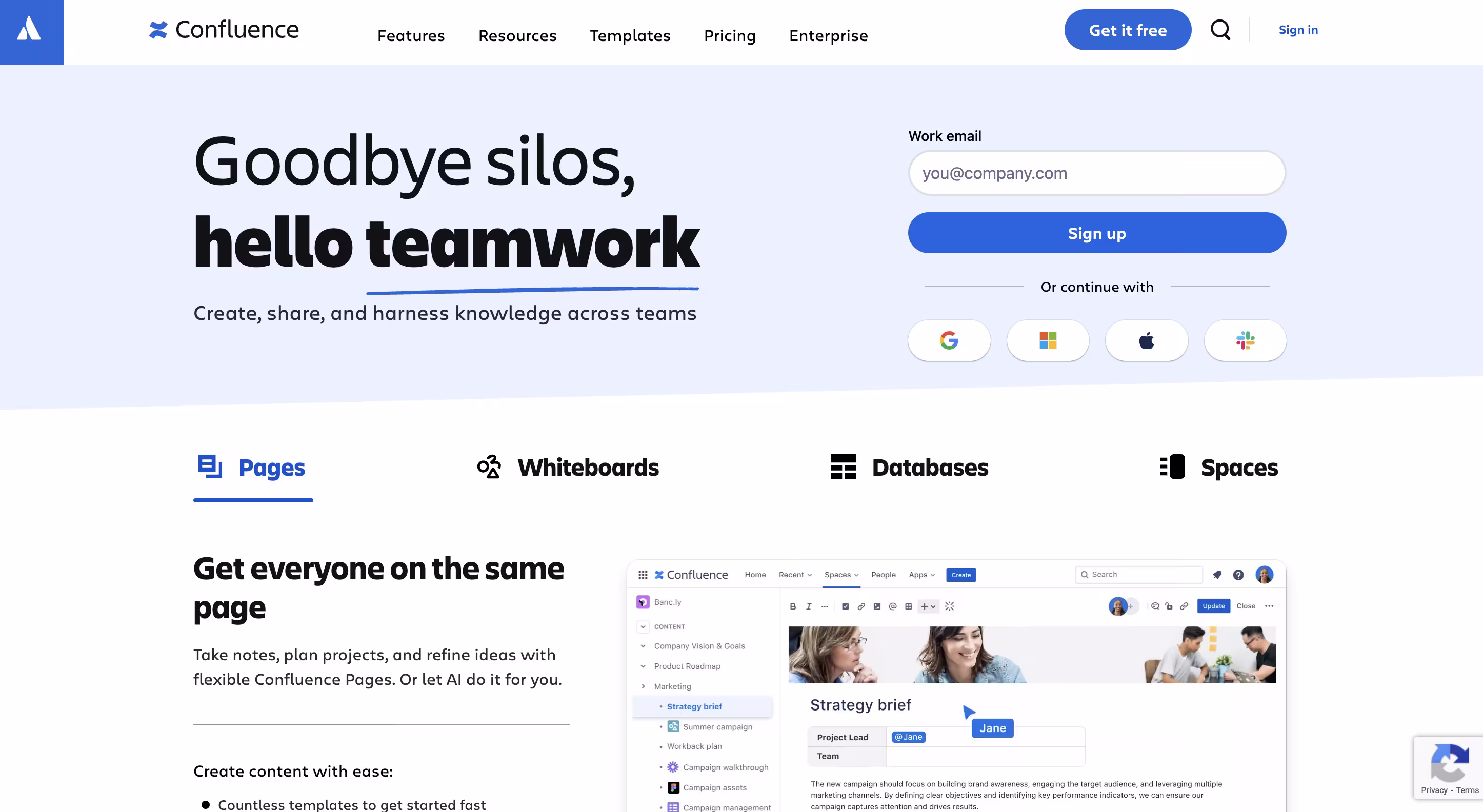 Confluence homepage showing