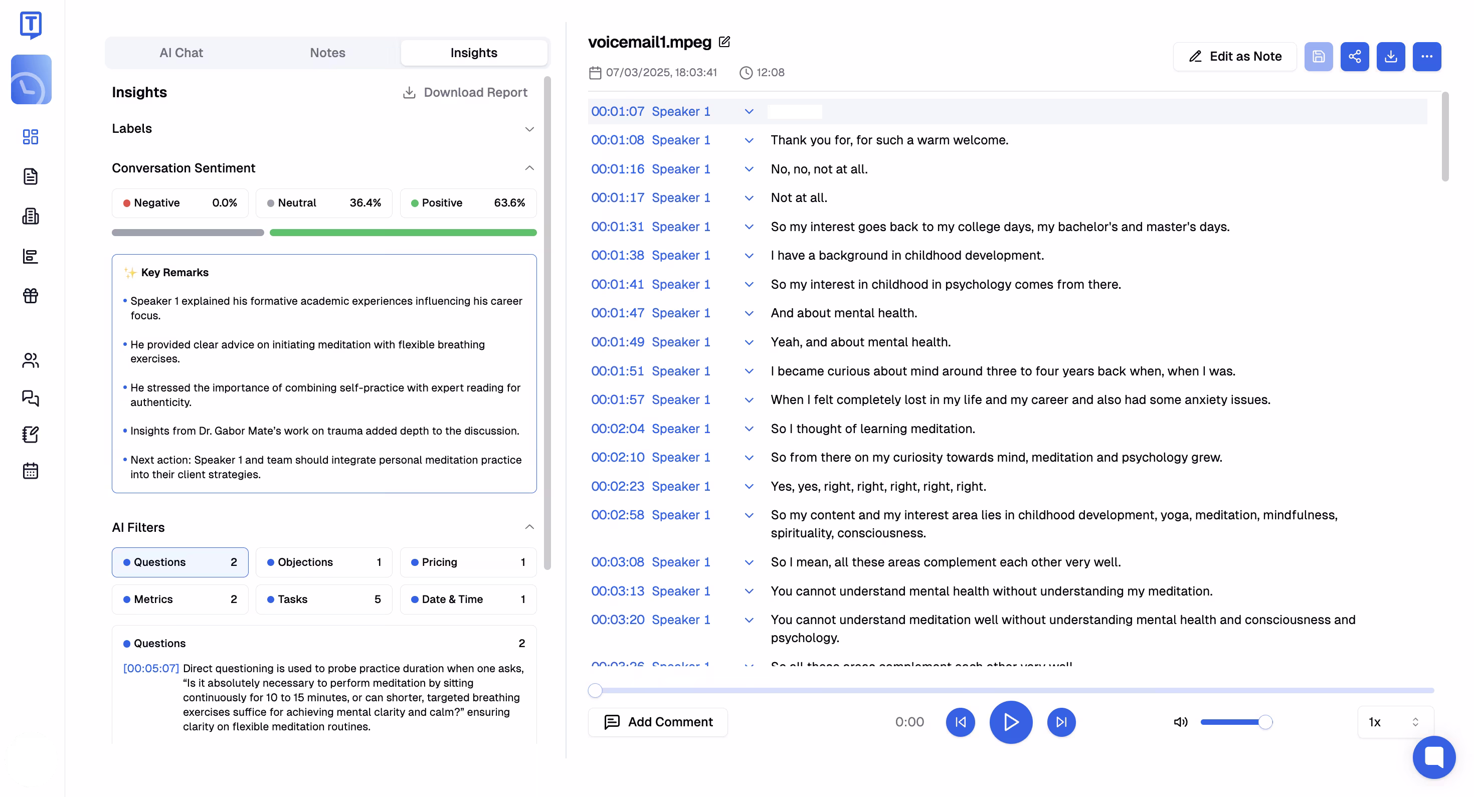Transkriptor insights dashboard showing conversation sentiment analysis and key remarks