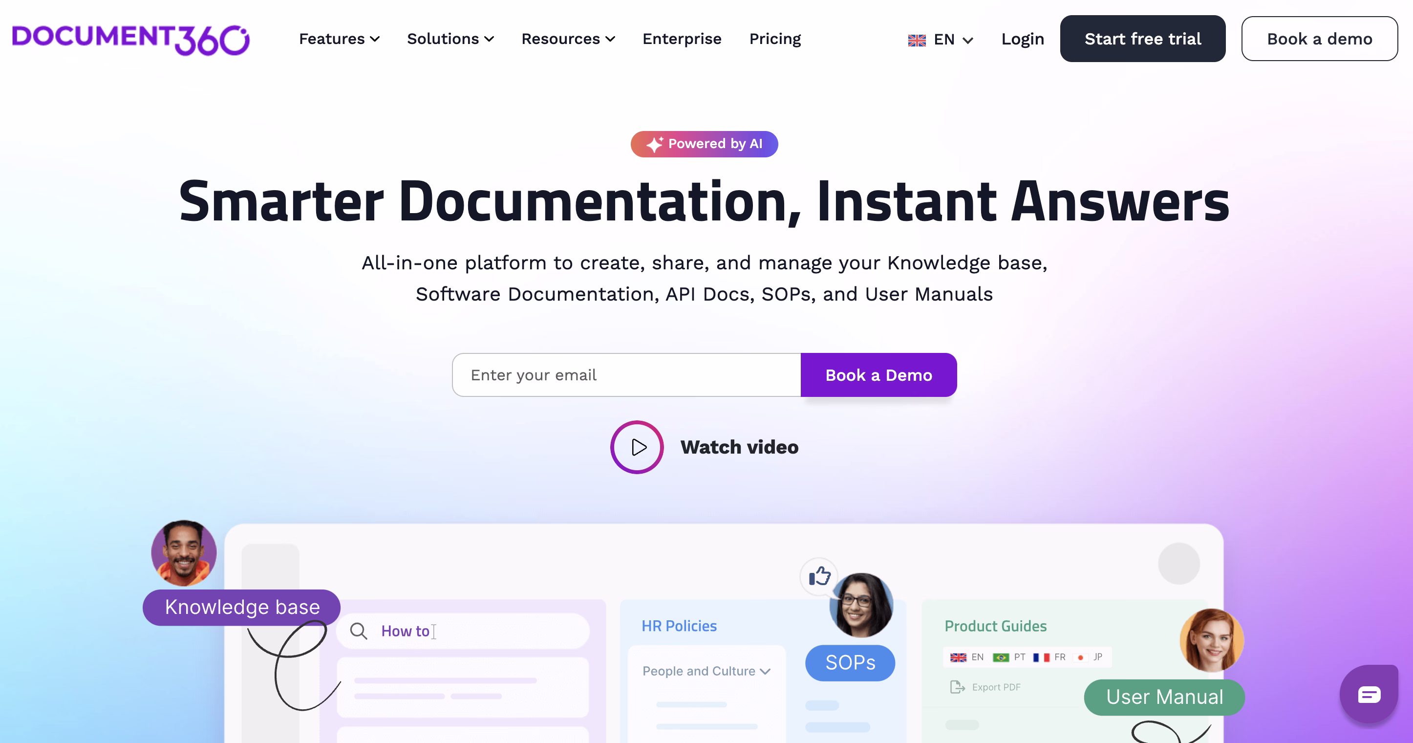 Document360 homepage featuring