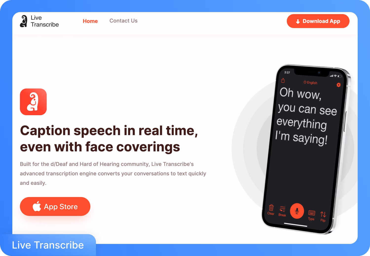 iPhoneユーザー向けのリアルタイム音声キャプションを紹介するLive Transcribeアプリのインターフェース。