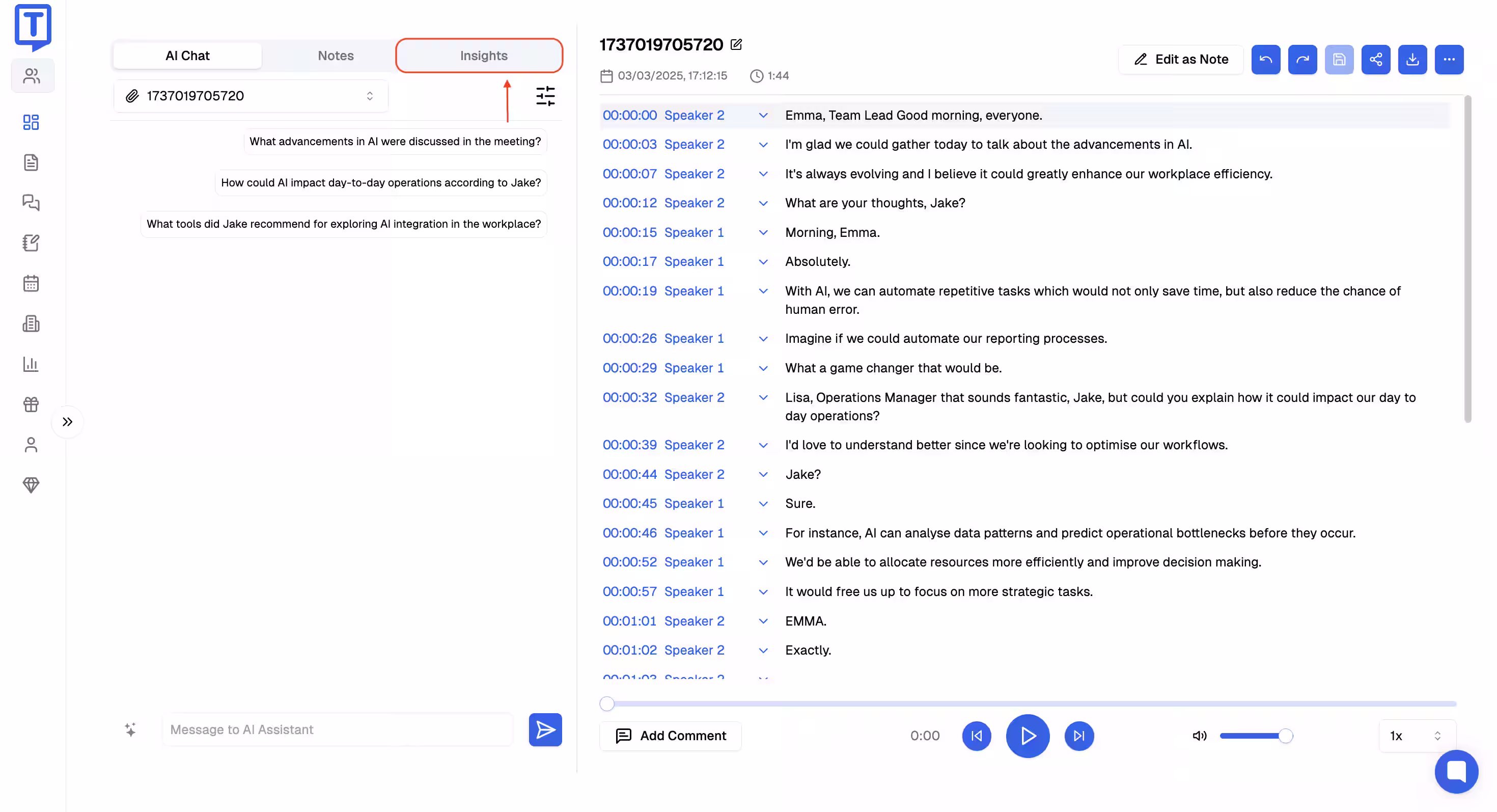 AI-powered meeting transcript with conversation analytics and speaker identification features
