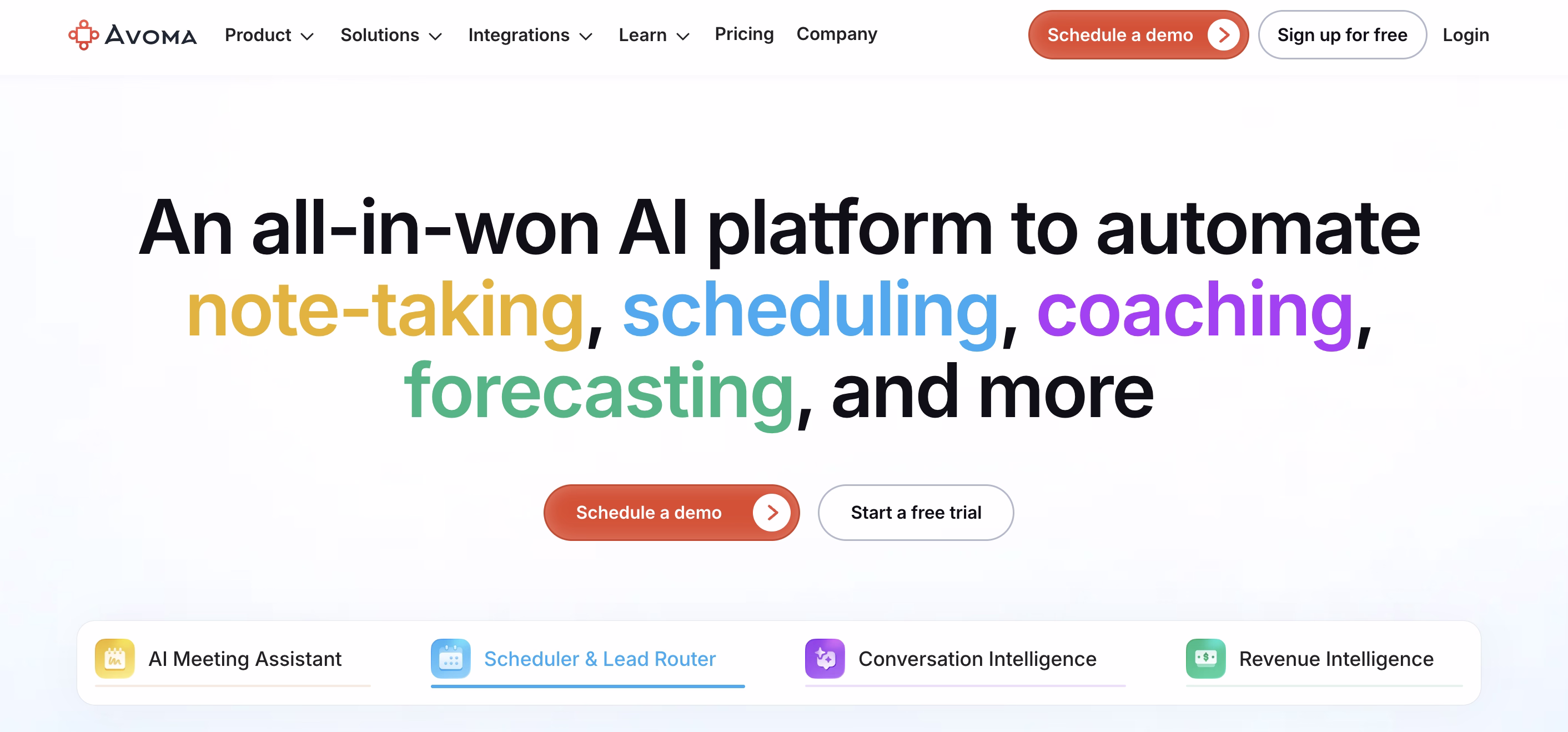 Avoma AI platform homepage featuring their all-in-one solution for note-taking and management
