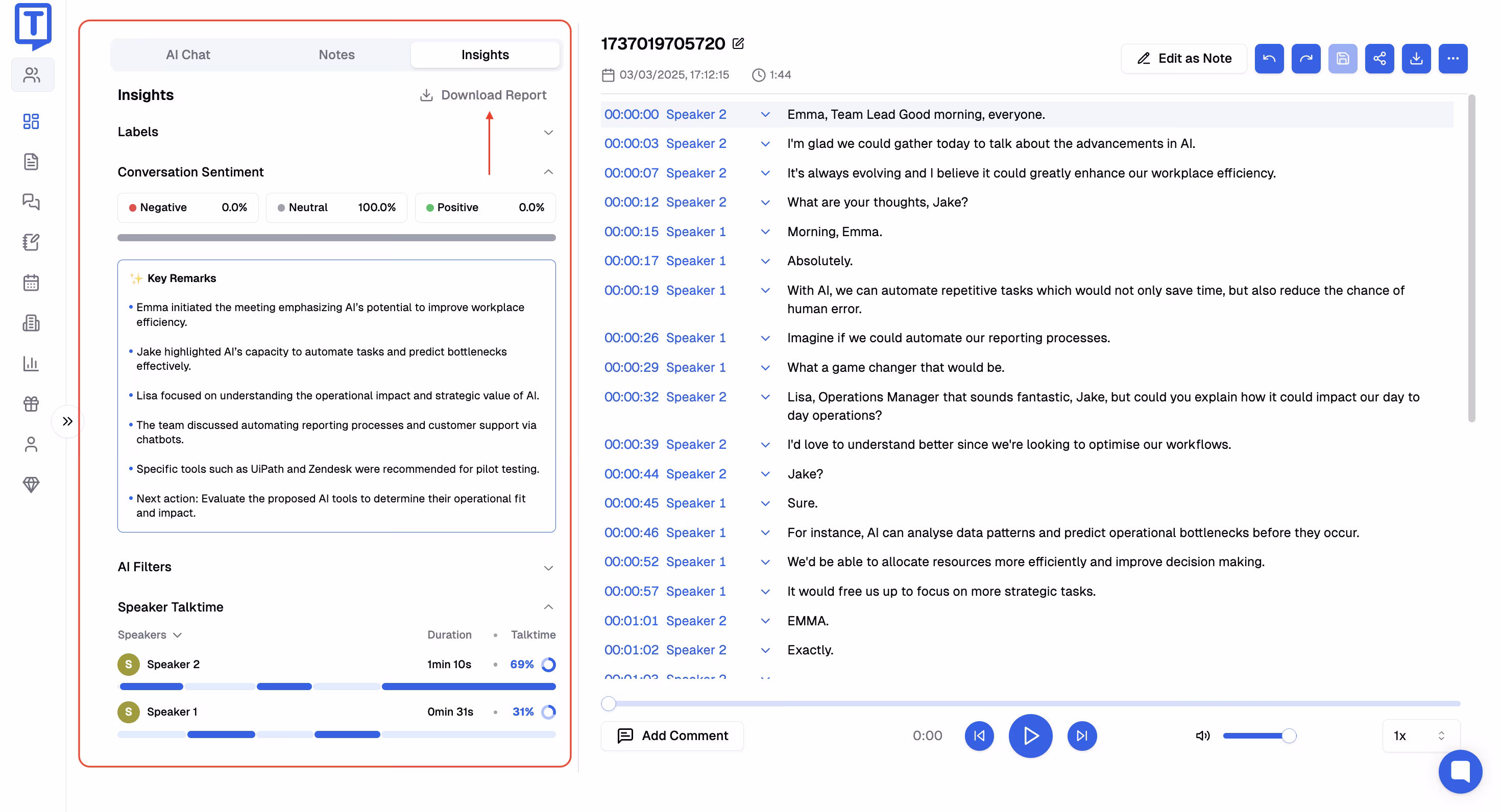 Comprehensive meeting insights dashboard with key remarks, sentiment analysis, and speaker metrics