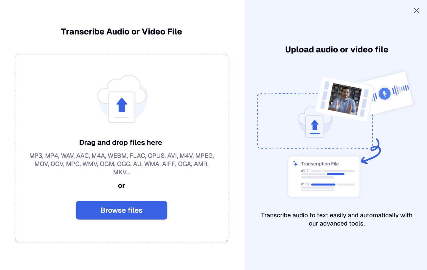 Transkriptor's file upload interface showing drag-and-drop functionality and supported file formats
