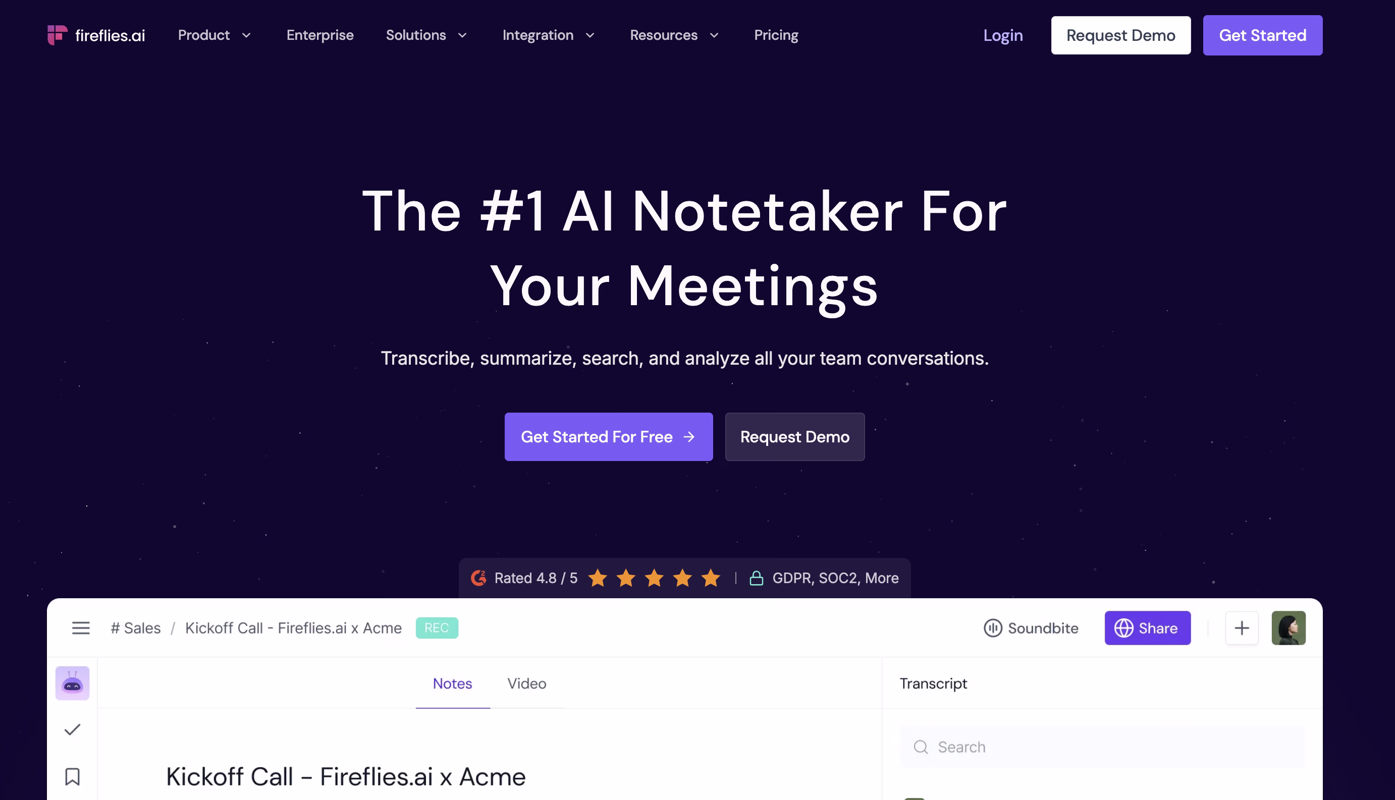 Fireflies.ai homepage featuring their AI notetaker service for automatic transcription