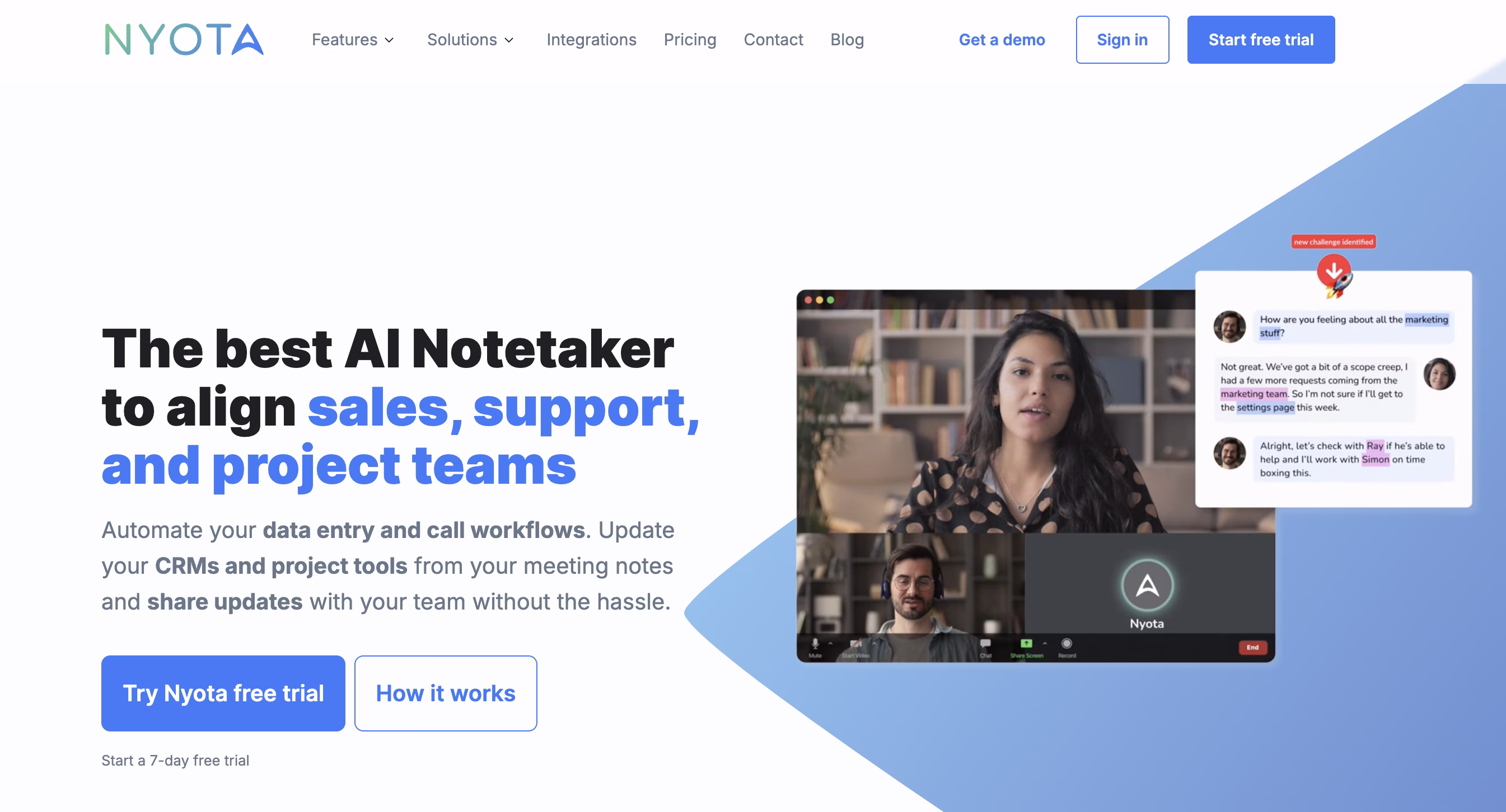 Nyota AI notetaker homepage showcasing their solution for sales, support, and project alignment