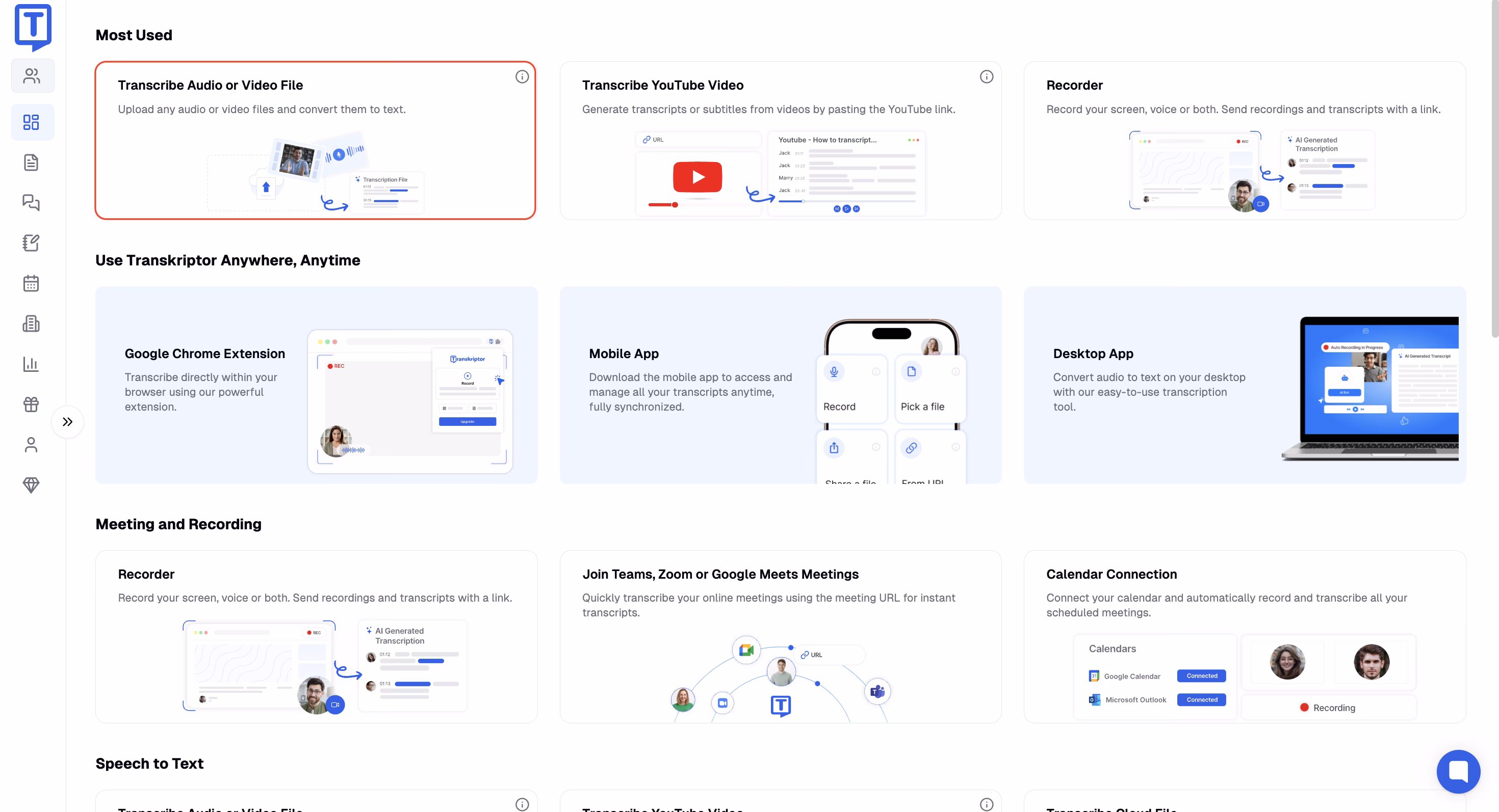 Transkriptor dashboard showing various transcription options and platform accessibility features
