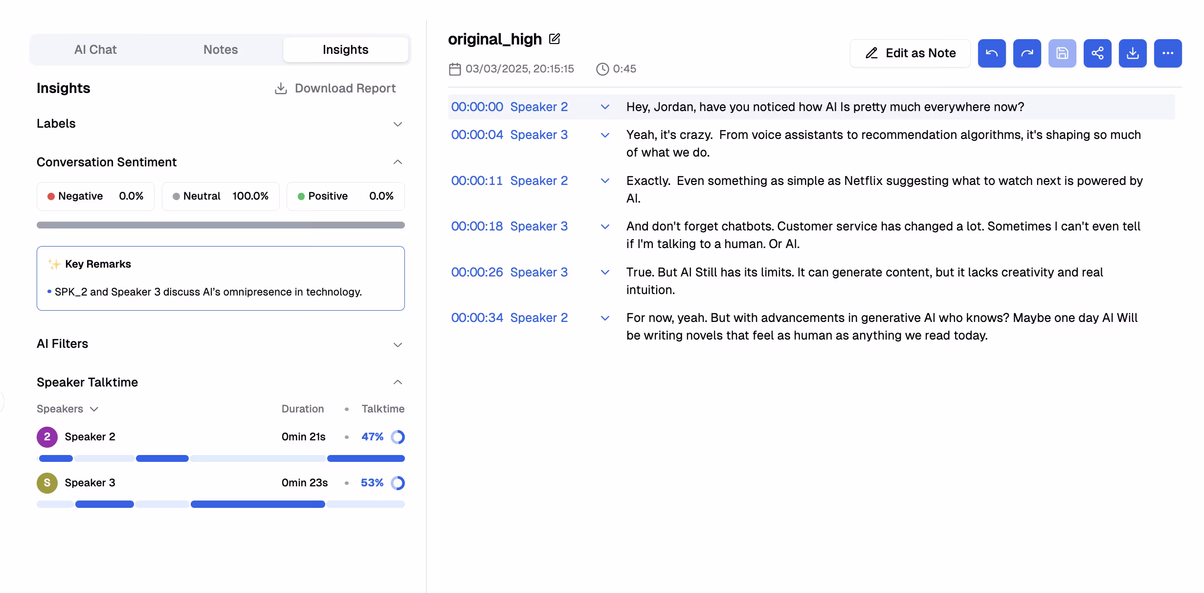 Transcription insights dashboard showing speaker timestamps, sentiment analysis, and key remarks from a conversation