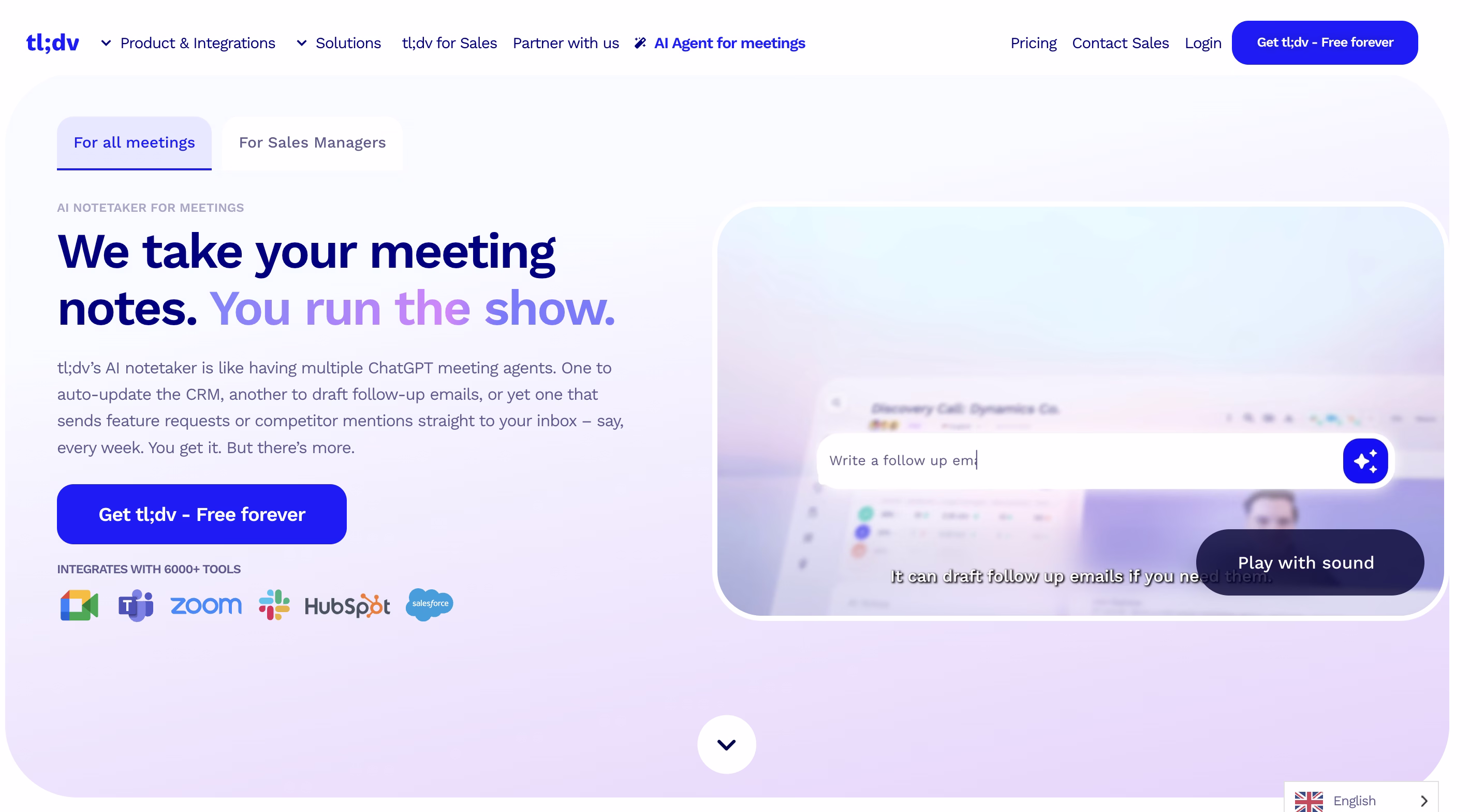 TLDV platform interface showcasing AI-powered meeting notes and follow-up automation features