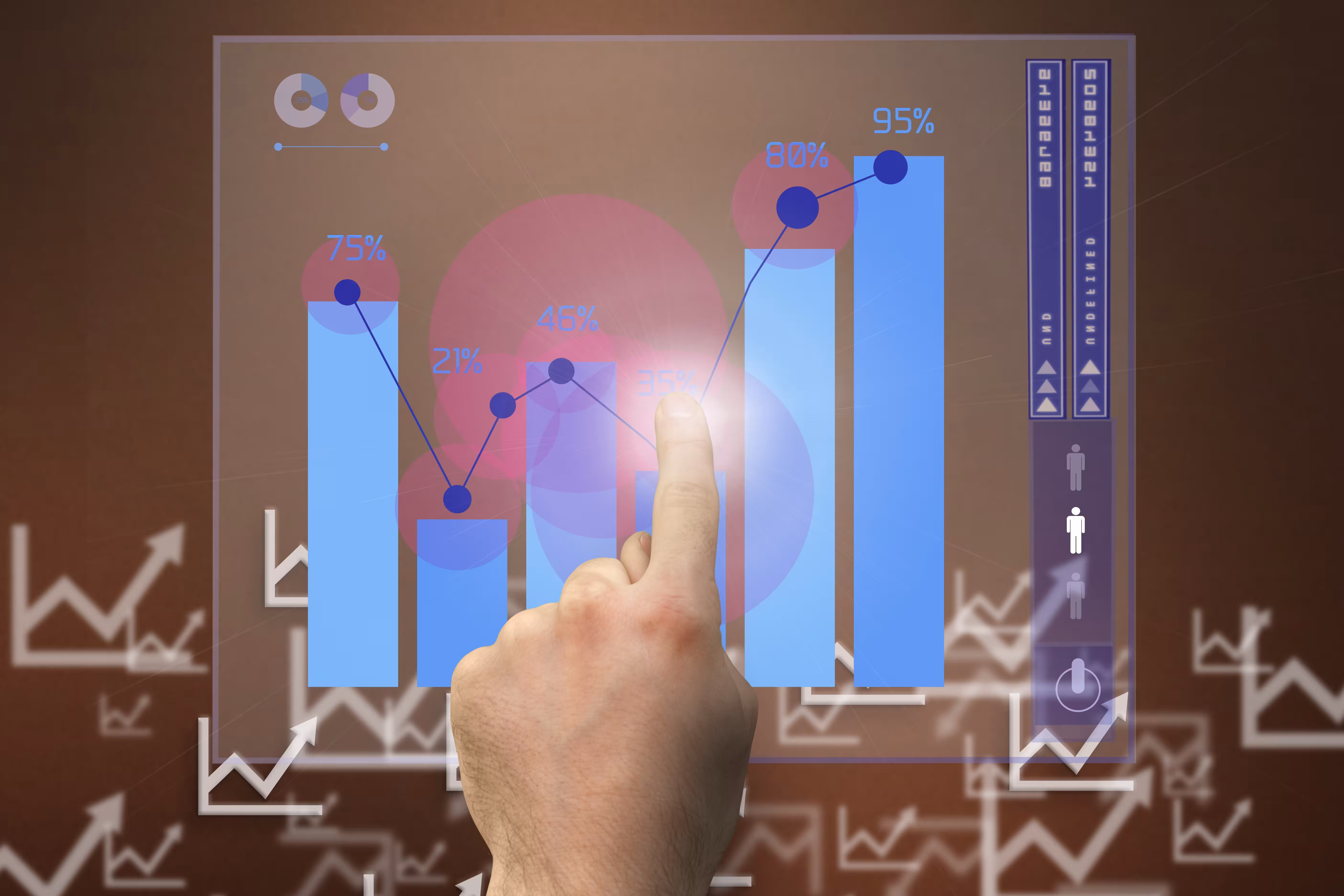 Person touching a digital screen displaying performance metrics with colored bar charts