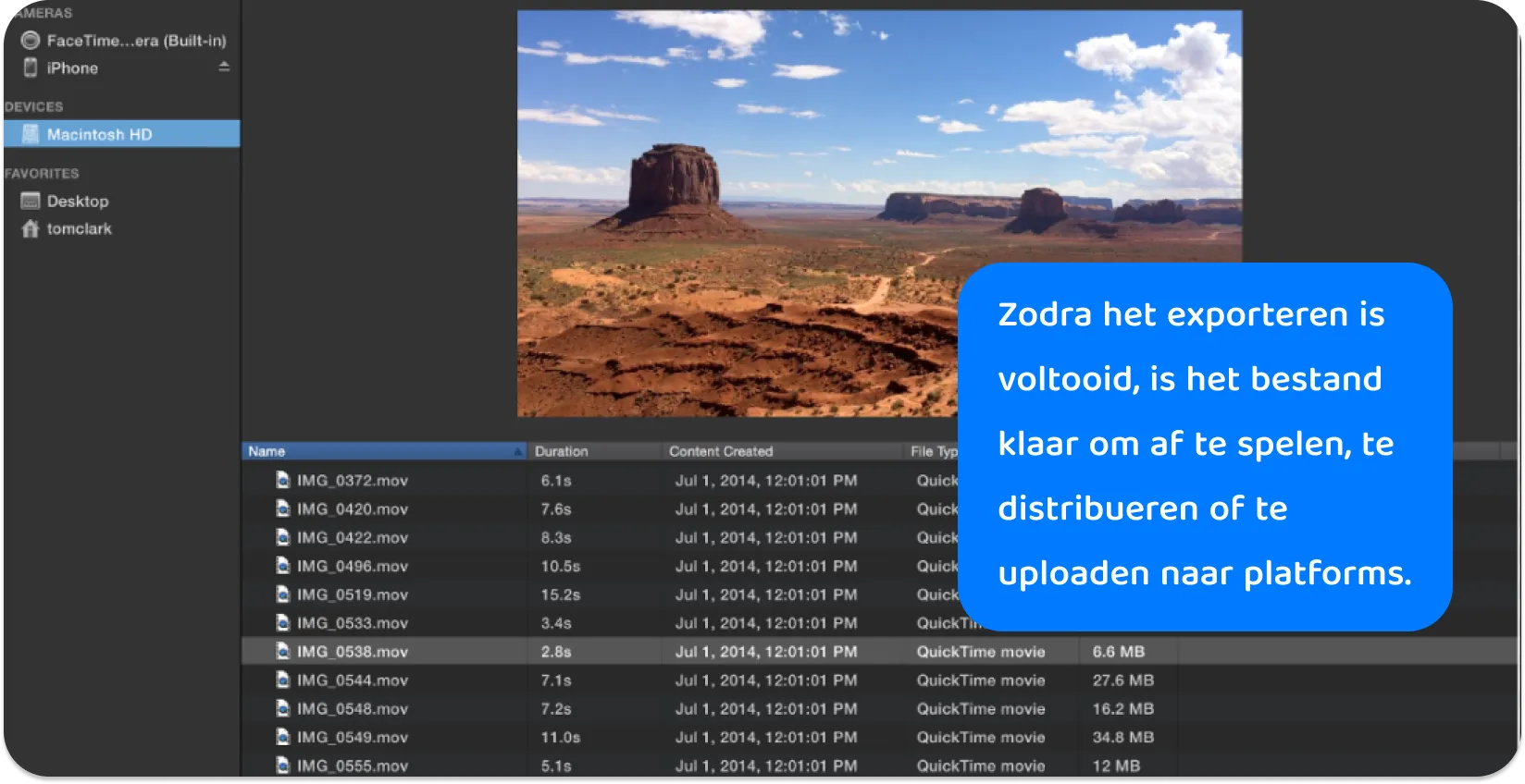 Screenshot van de mediabibliotheek van iMovie met een selectie van .mov bestanden, met verschillende videolengtes voor projectbewerking.
