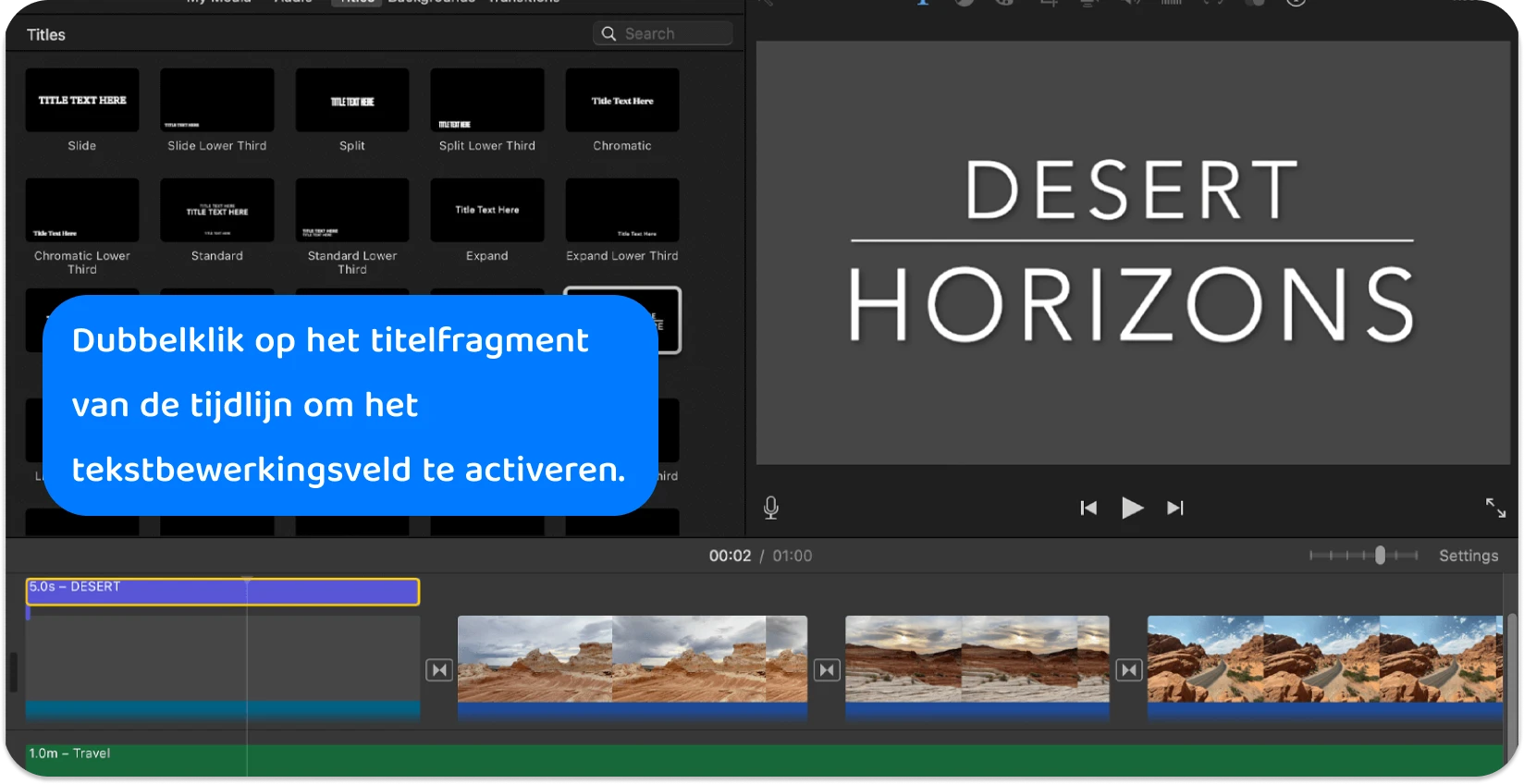 De interface iMovie Titels toont een verscheidenheid aan tekststijlen en -indelingen voor het toevoegen van professionele titels aan videoprojecten.
