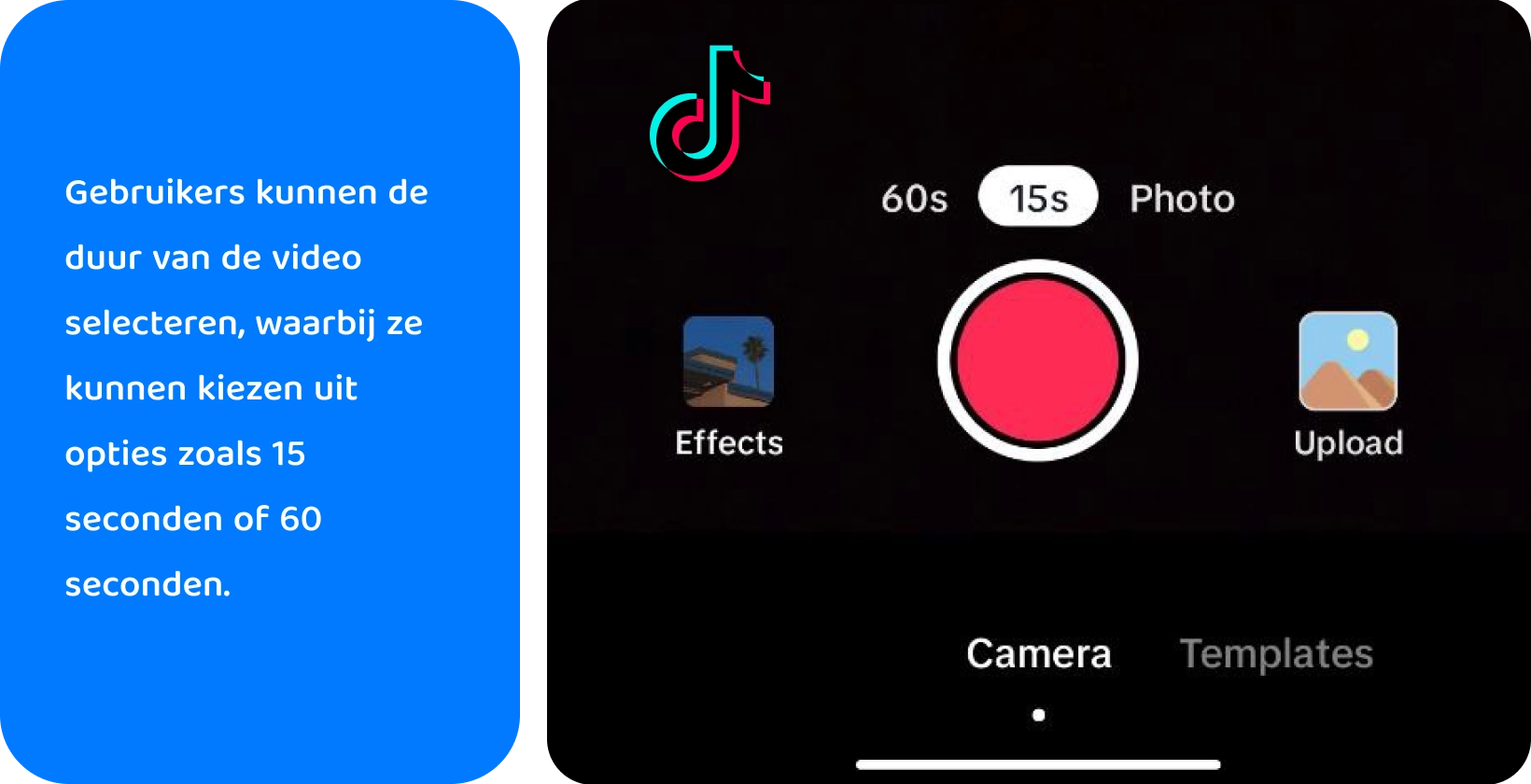 TikTok opname-interface met opties om geluid toe te voegen, de camera om te draaien, filters toe te passen, een timer te gebruiken en meer voor het maken van creatieve video's.
