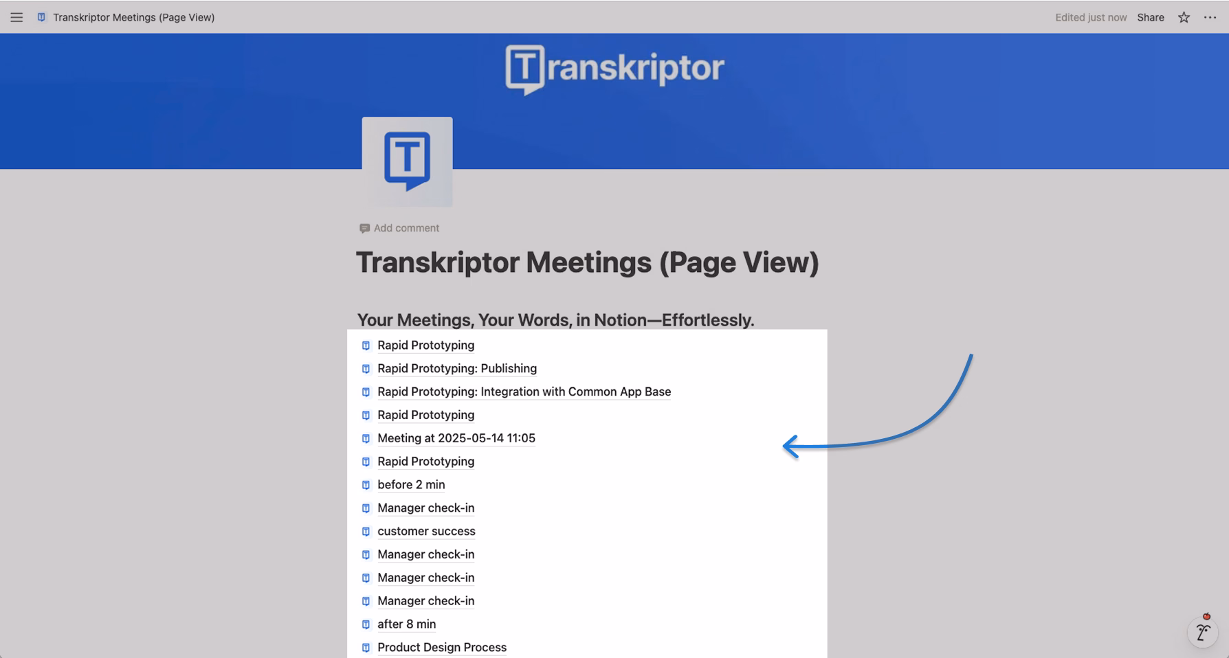 Integrazione Notion con Transkriptor che mostra una vista della pagina delle riunioni.
