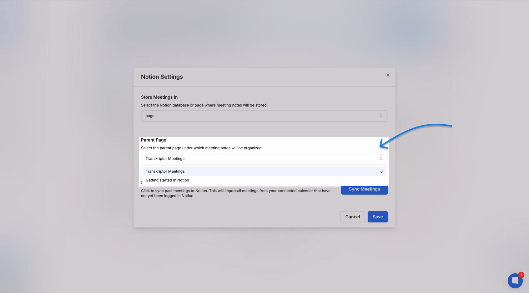 Impostazioni di Notion per integrare le riunioni di Transkriptor e organizzare le note.