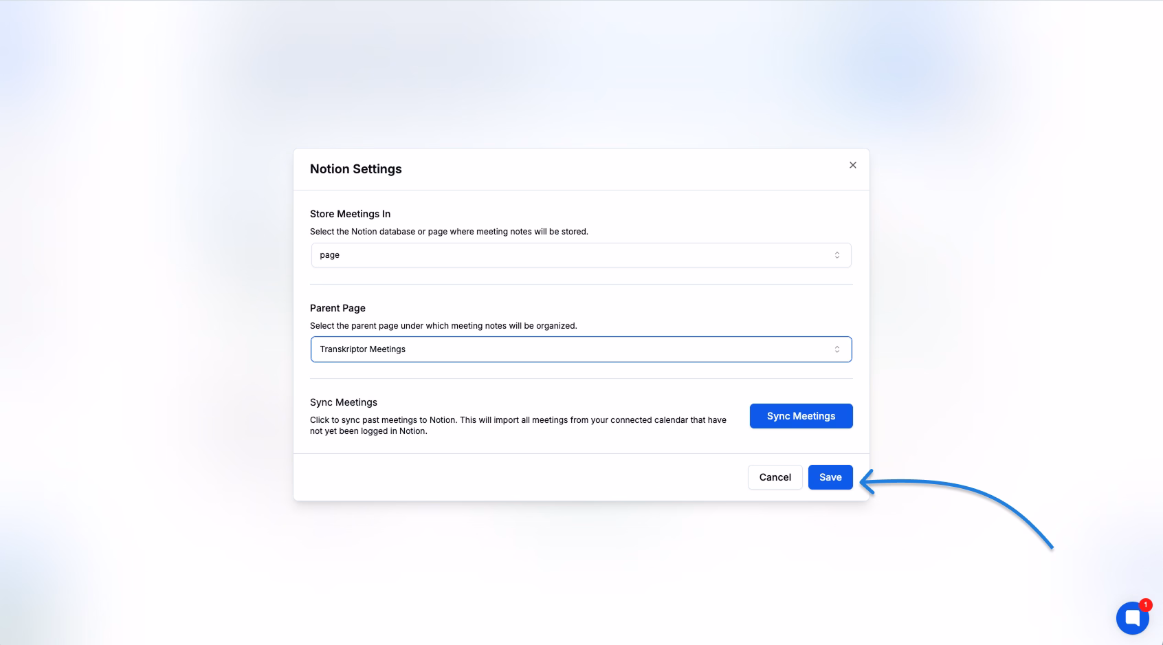 Impostazioni di integrazione Notion per Transkriptor che mostrano le opzioni per memorizzare e sincronizzare le riunioni.