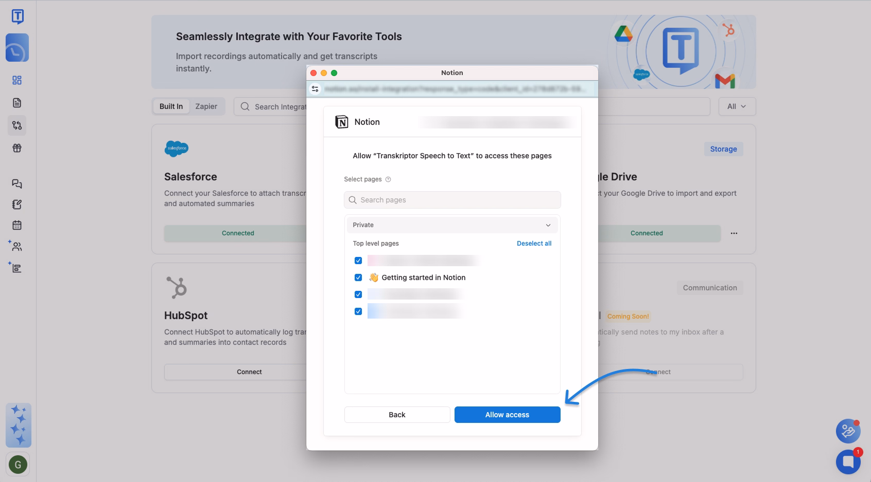 Configurazione dell'integrazione Notion con Transkriptor, che mostra la schermata delle autorizzazioni di accesso.