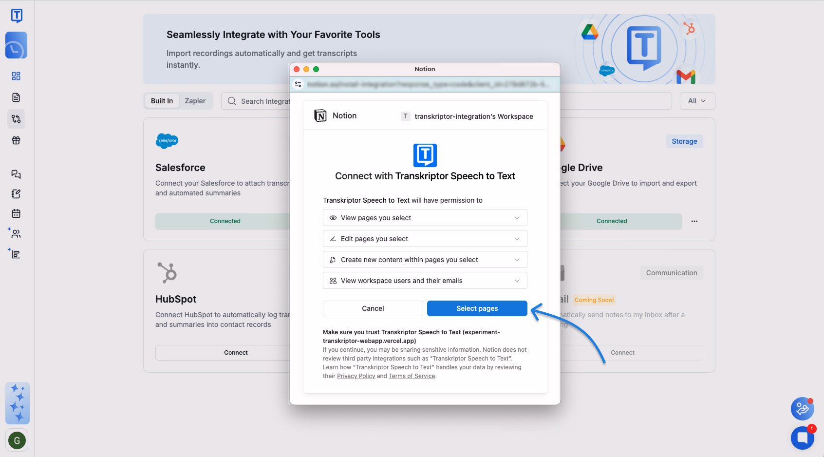 Integrazione Notion con Transkriptor per la conversione da voce a testo.