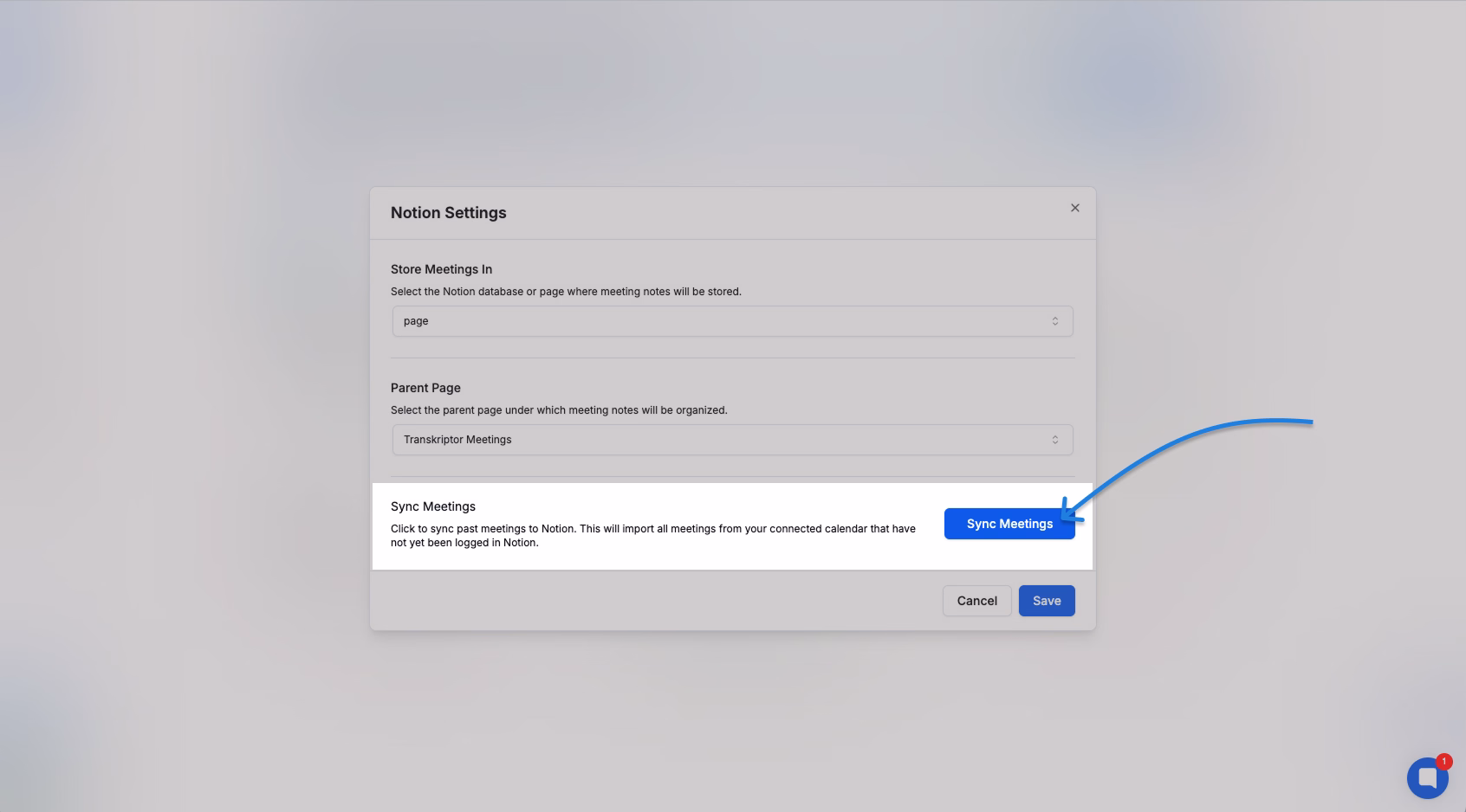 Impostazioni di integrazione Notion per sincronizzare le riunioni con Transkriptor.