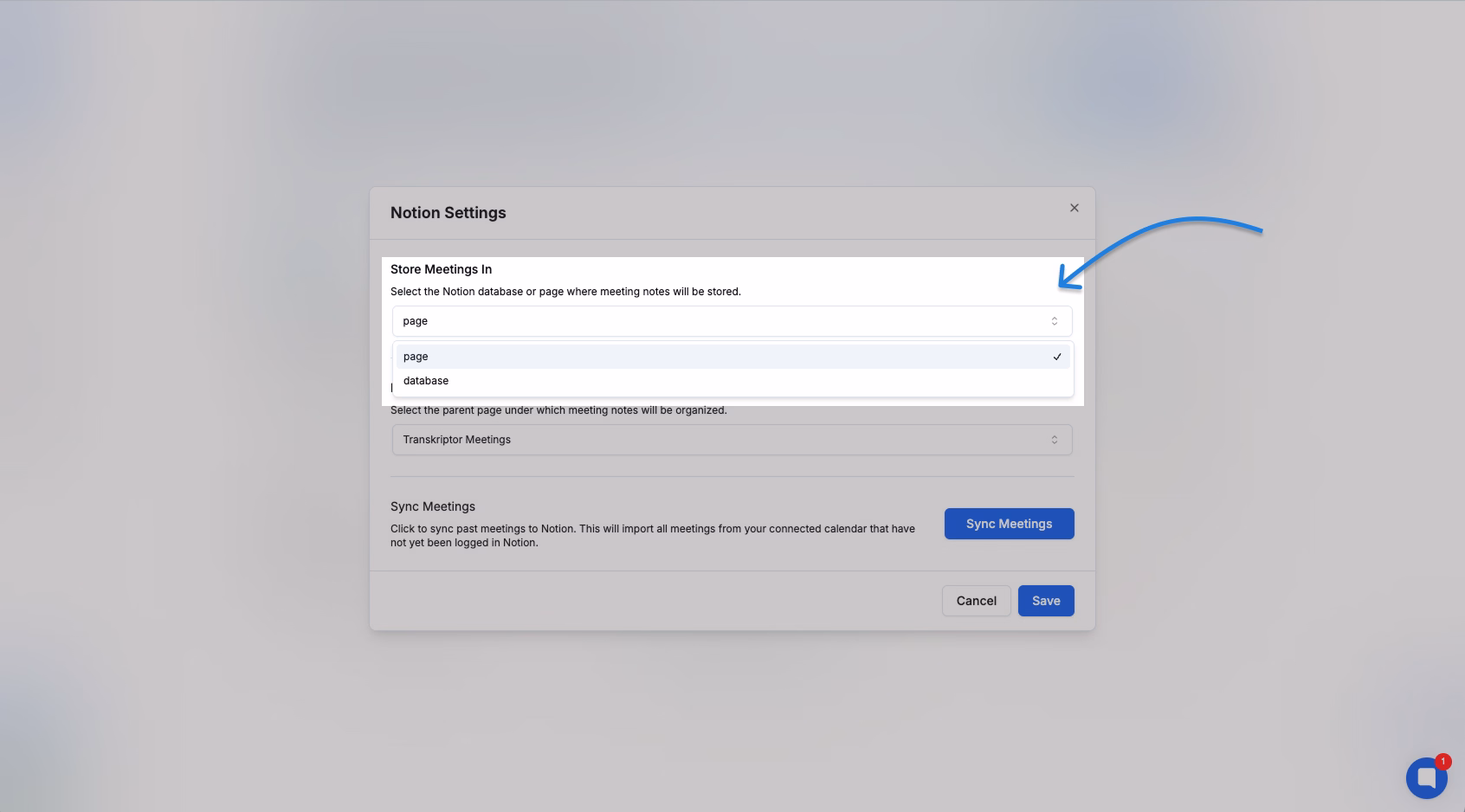Interfaccia delle impostazioni di Notion per memorizzare le riunioni con l'integrazione di Transkriptor.