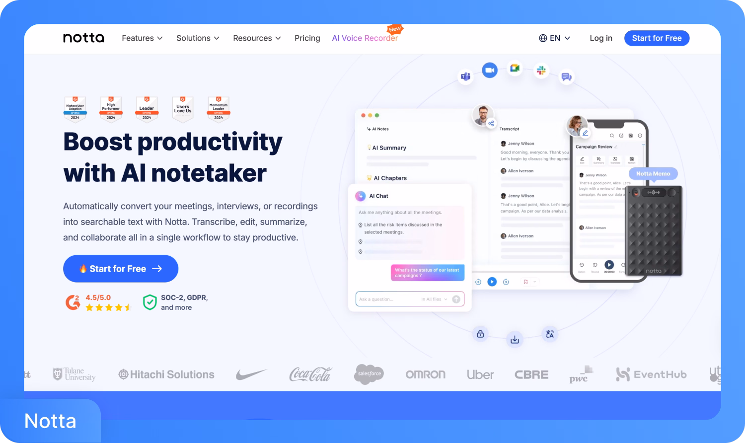 El tomador de notas de Notta AI aumenta la productividad con funciones de transcripción y colaboración.