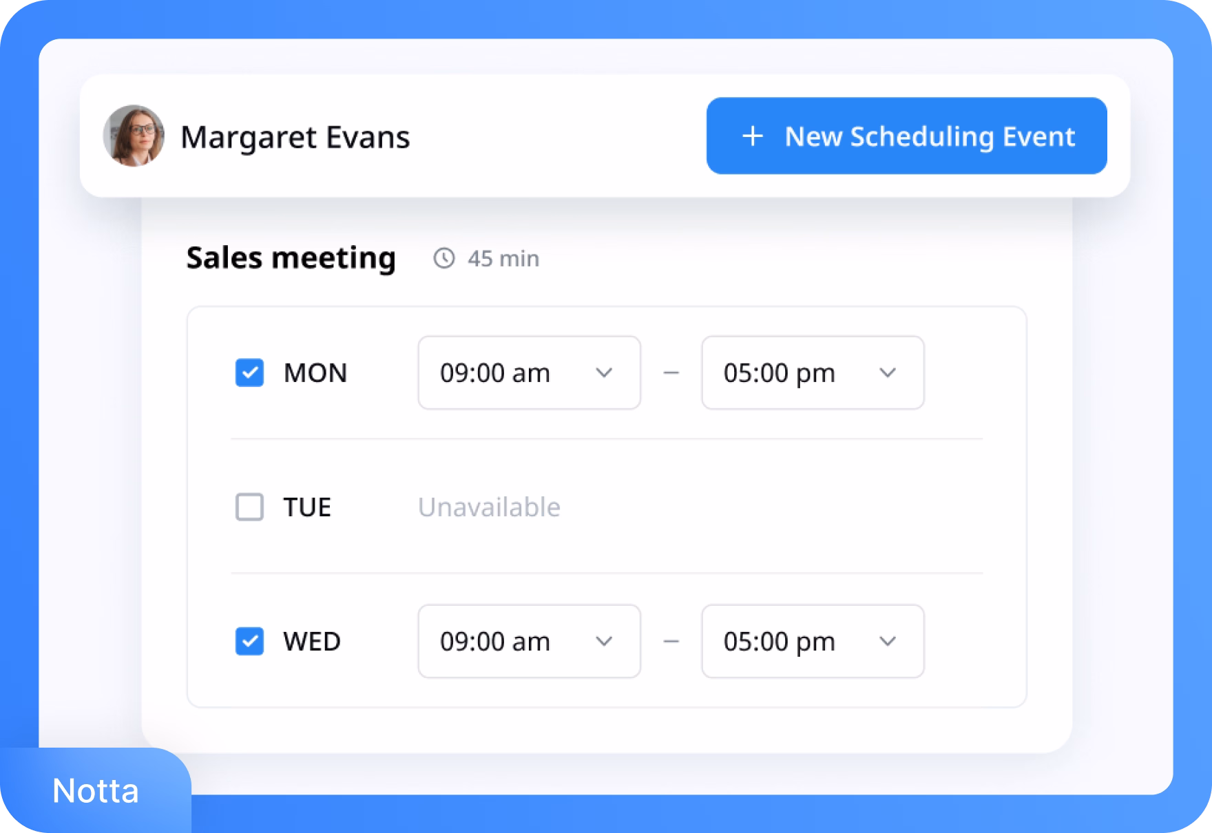 Interface de agendamento do Notta mostrando uma configuração de reunião de vendas para segunda e quarta-feira.