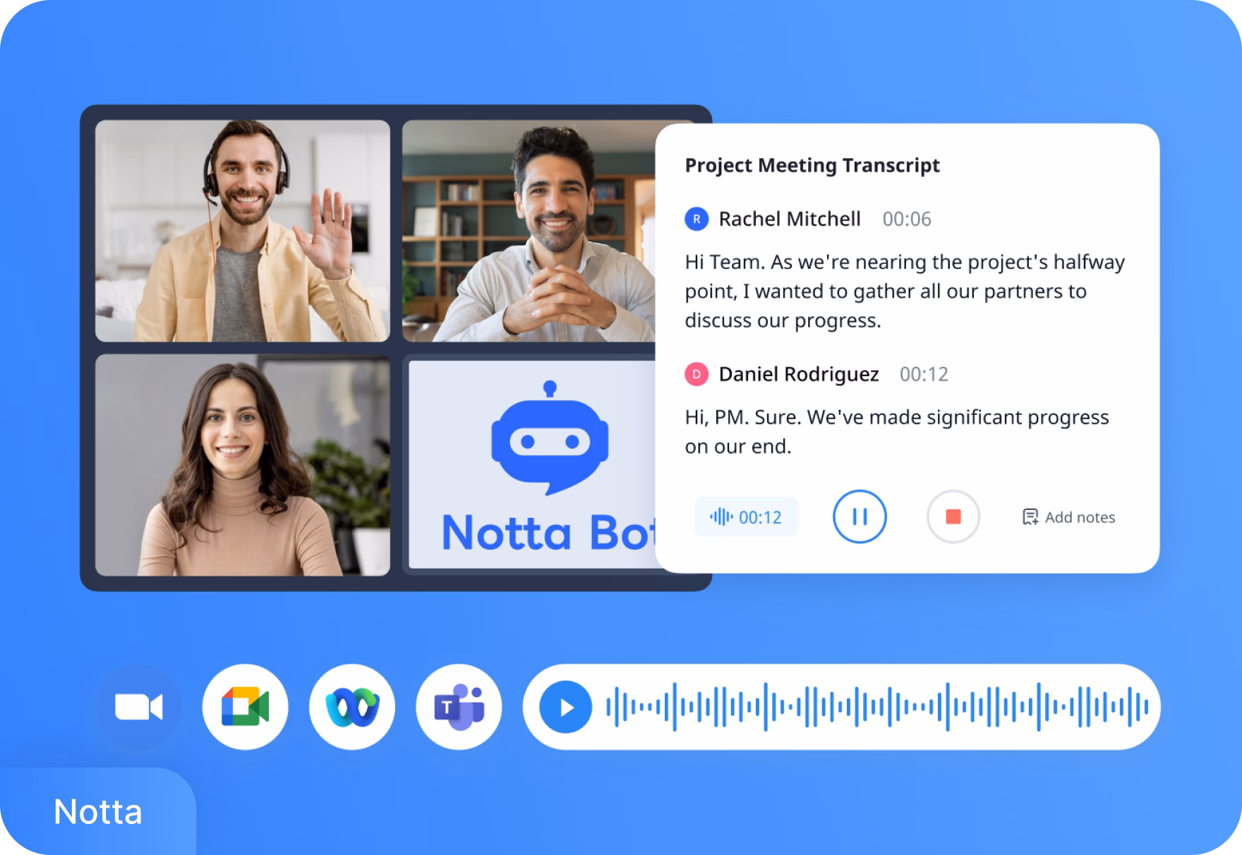 Interface de videochamada do Notta com transcrição ao vivo da reunião.