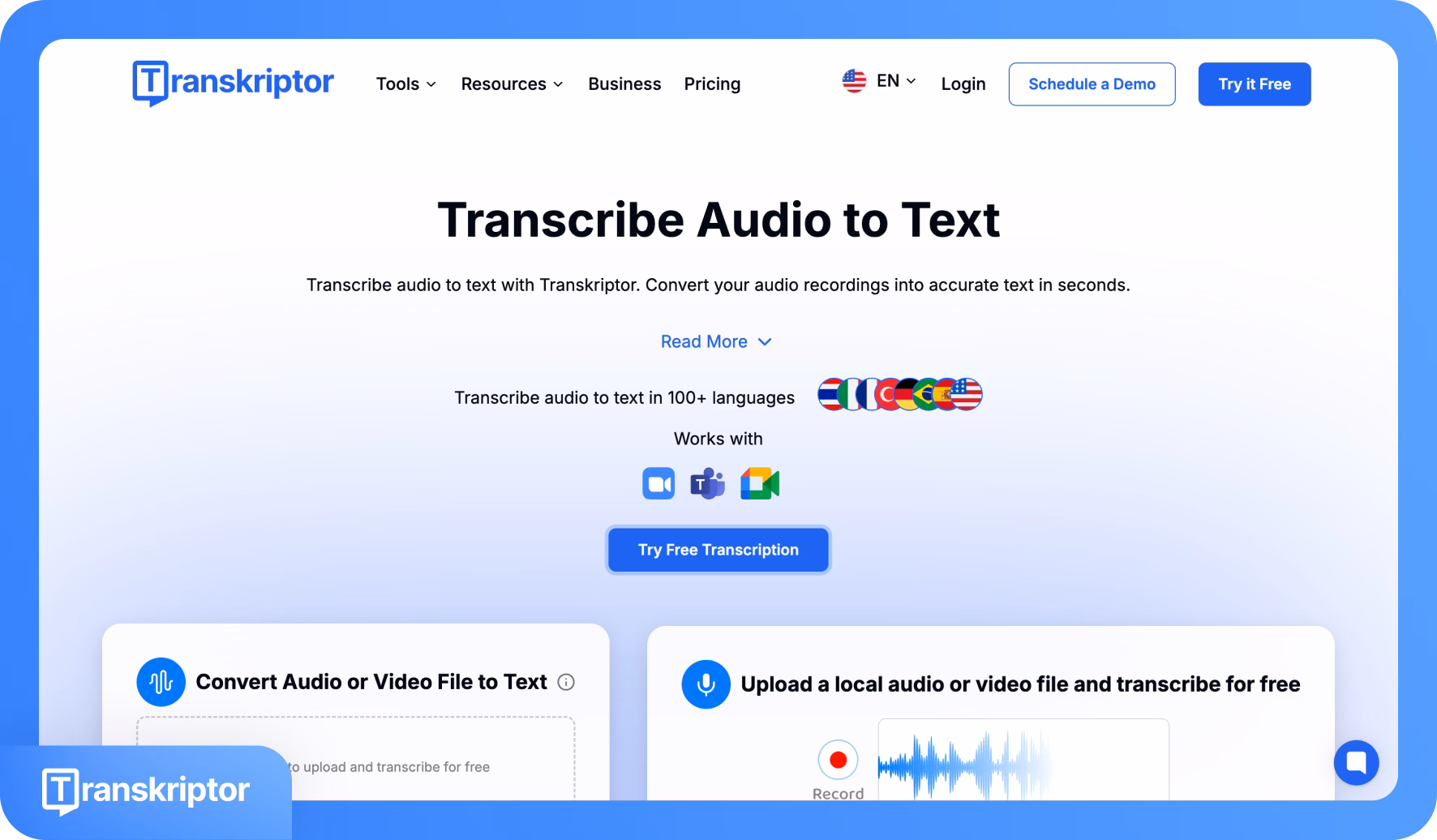 Главная страница Transkriptor, демонстрирующая транскрипцию аудио в текст на нескольких языках.