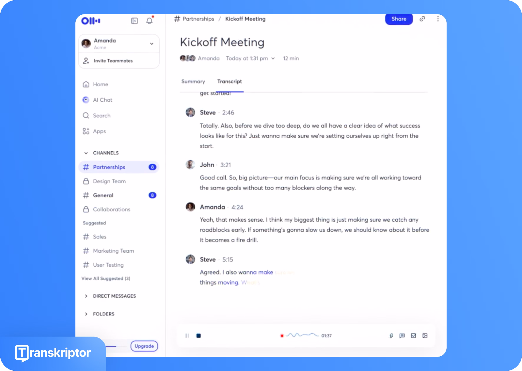 Интерфейс Otter AI, показывающий транскрипт установочного собрания с логотипом Transkriptor.