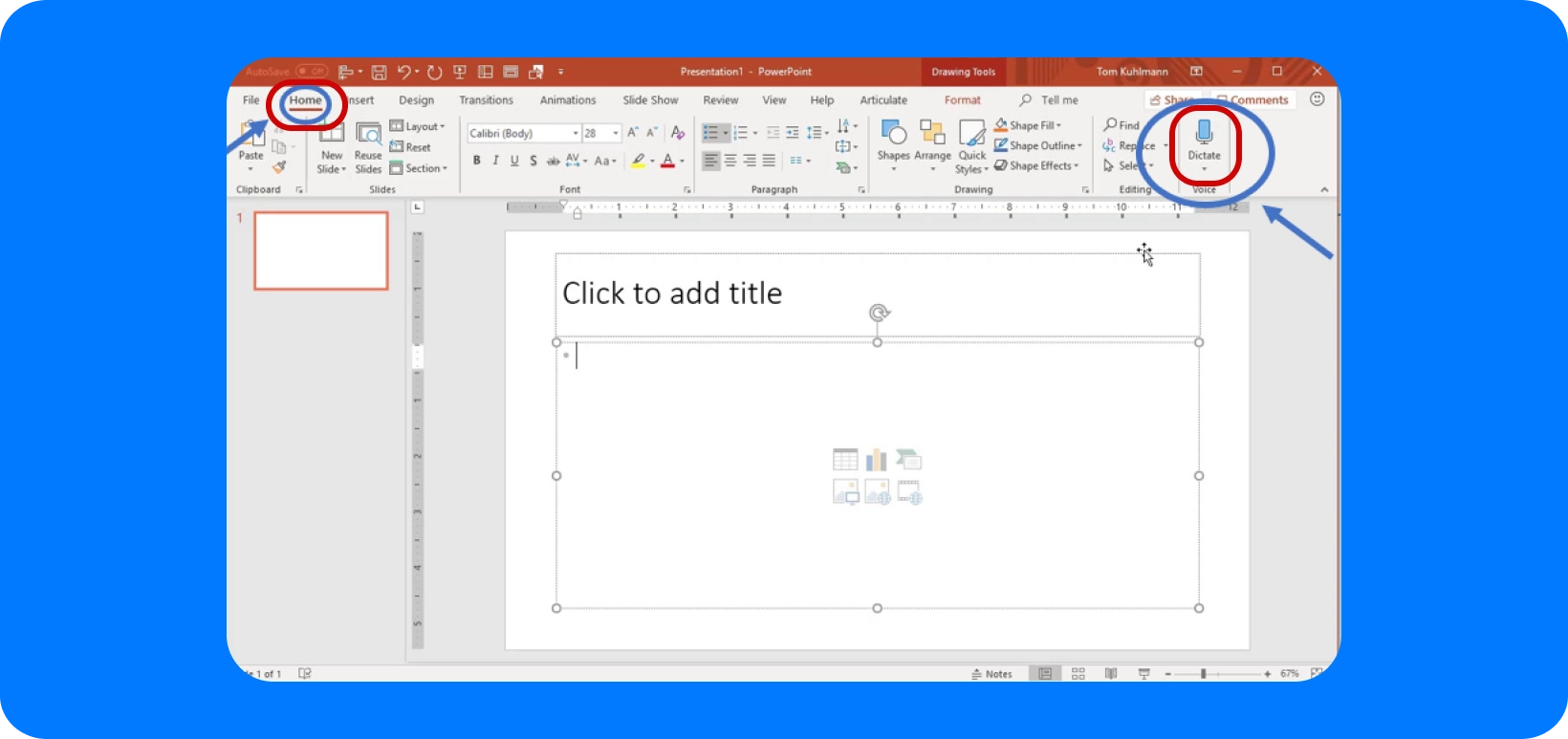 PowerPoint sesten metne dönüştürme için 'Dikte' işlevini vurgulayan arayüz.