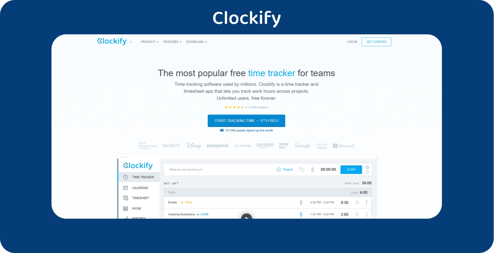 Clockify interface do aplicativo mostrando o temporizador e o acompanhamento do projeto, aprimorando o gerenciamento de tempo.