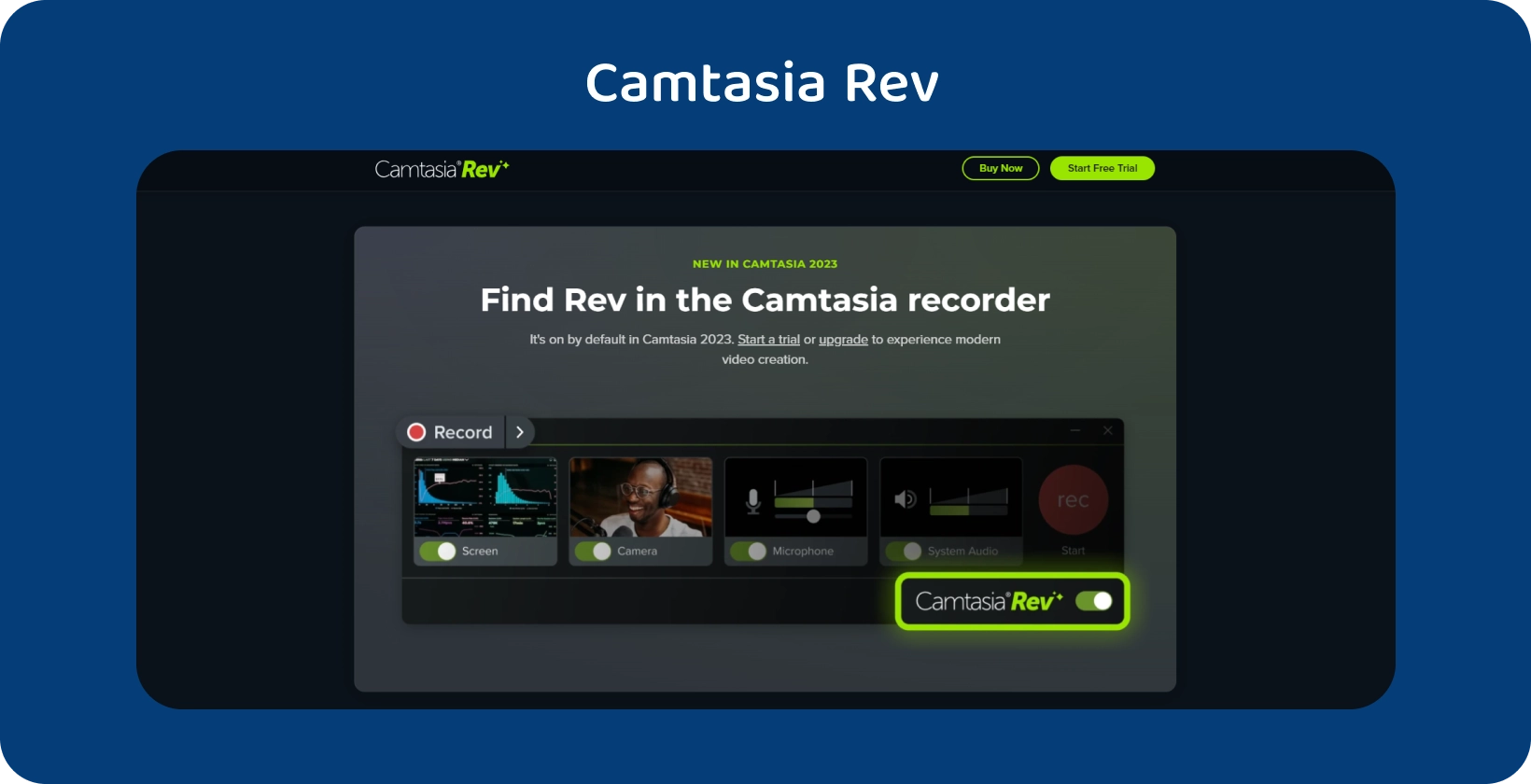 Banner da página inicial da Camtasia Rev, apresentando ferramentas de criação de vídeo assistidas por AI para produção de vídeo aprimorada.