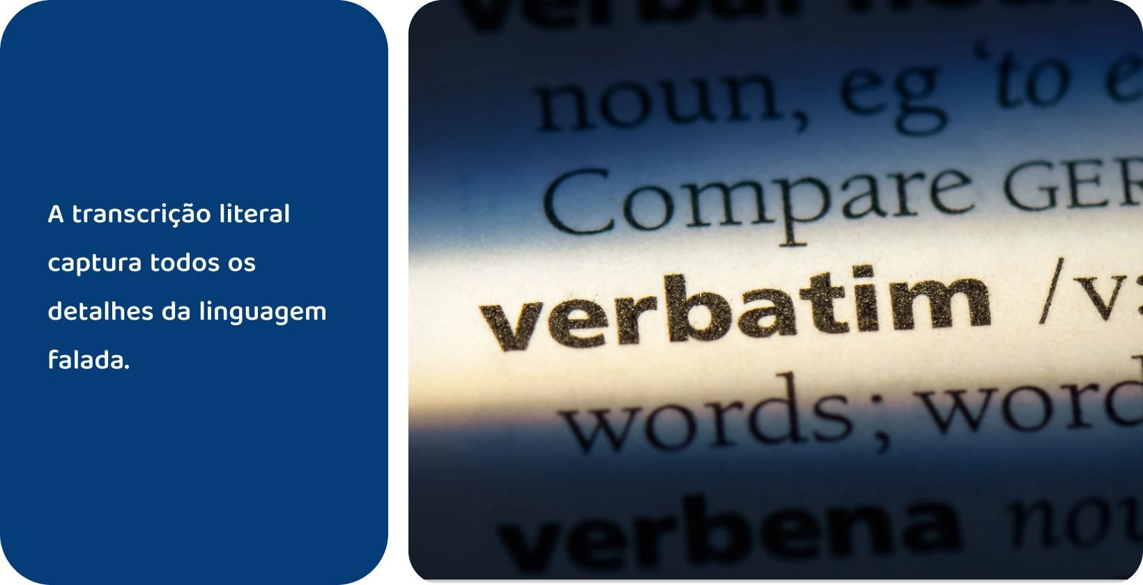 Verbete do dicionário da palavra "verbatim" em destaque, representando métodos de transcrição precisos.