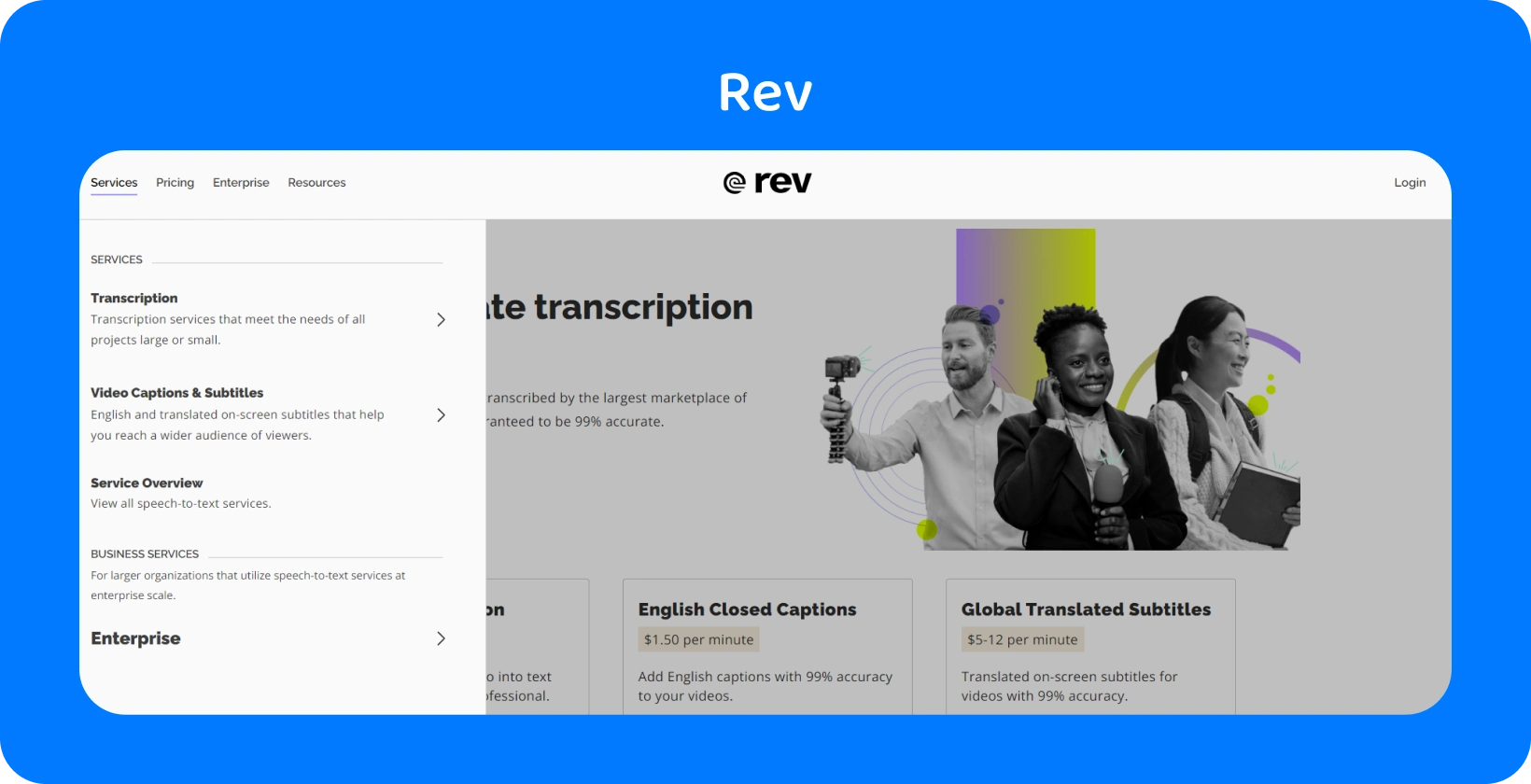 Почетната страница на Rev ги прикажува транскрипциските услуги за брзо, точно претворање на аудио во текст за професионалци.