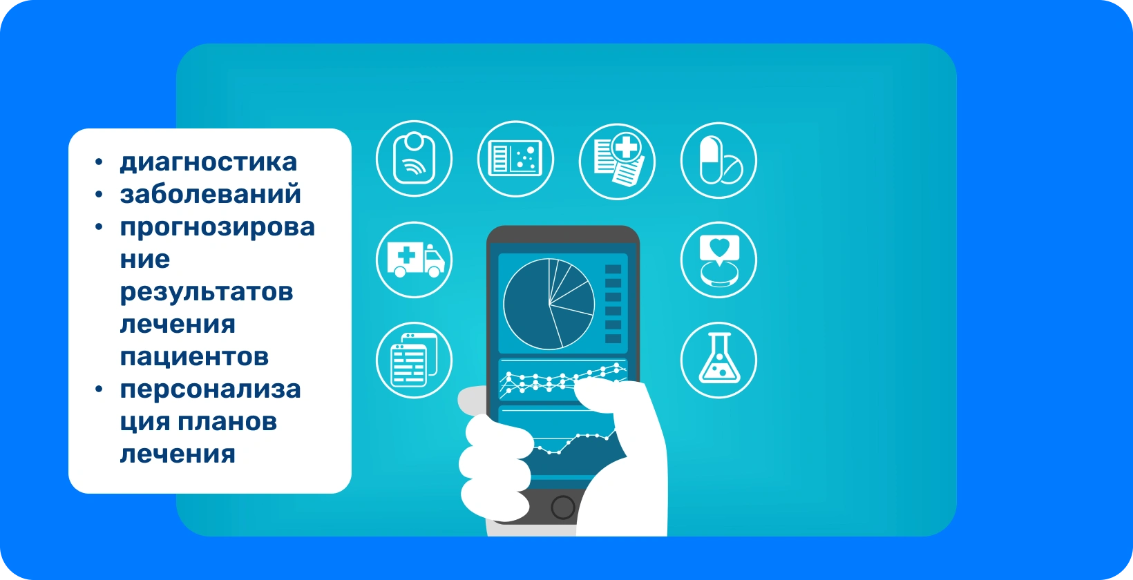 Рука, держащая смартфон с круговой диаграммой, окруженной значками, представляющими различные медицинские услуги.