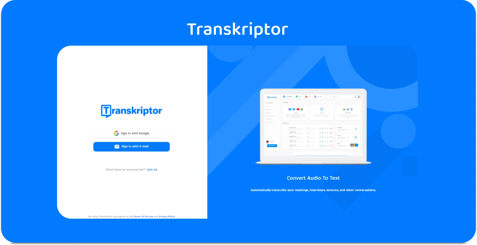 Интерфейс приложения Transkriptor, демонстрирующий простые услуги транскрипции аудио в текст для получения информации о медицинских записях.
