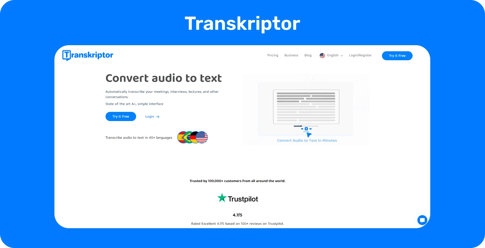 Интерфейс Transkriptor, демонстрирующий функцию помощника для совещаний, оптимизирующий качественную транскрипцию исследований.