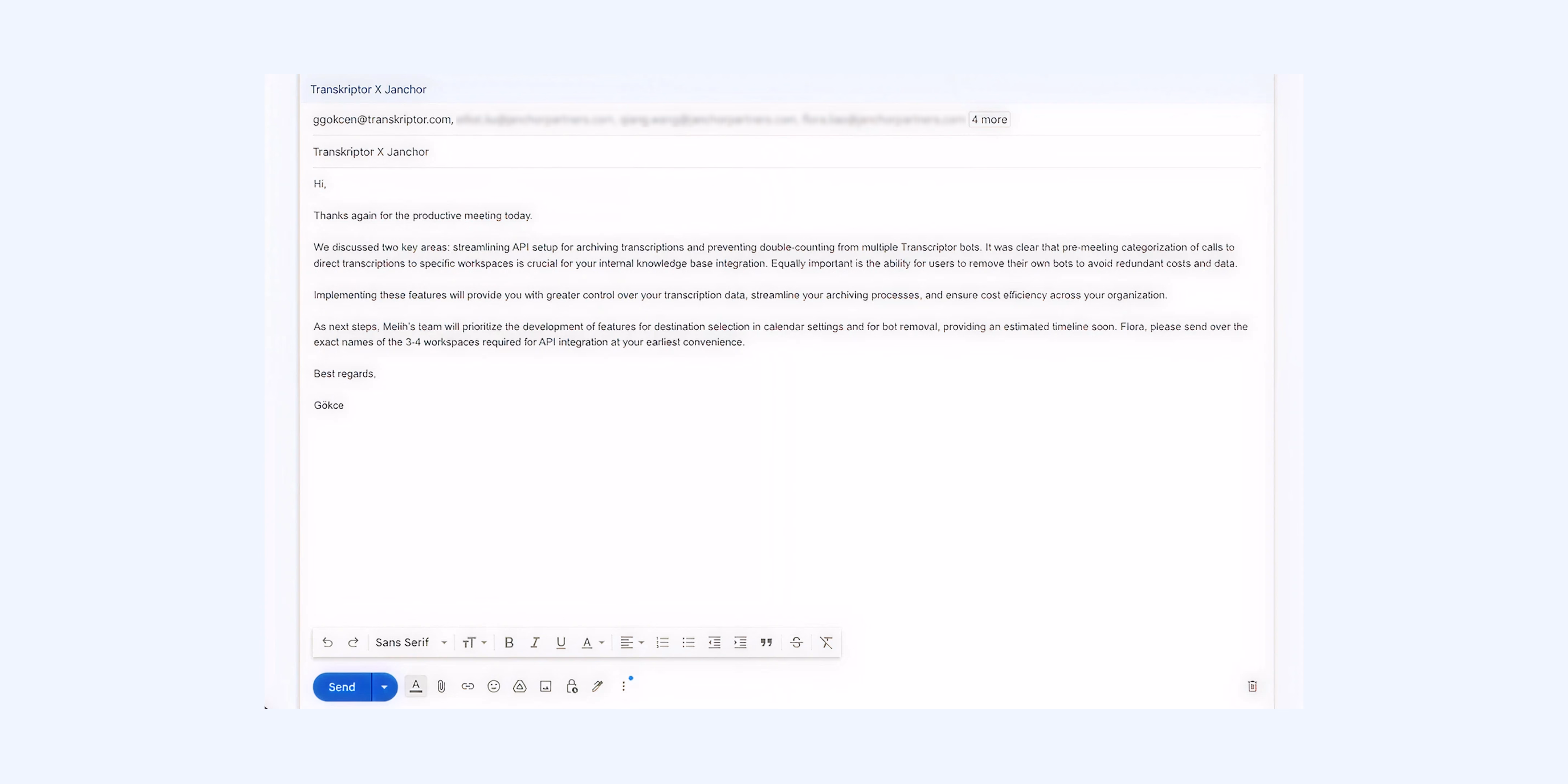 Email che discute dell'integrazione Salesforce con Transkriptor.
