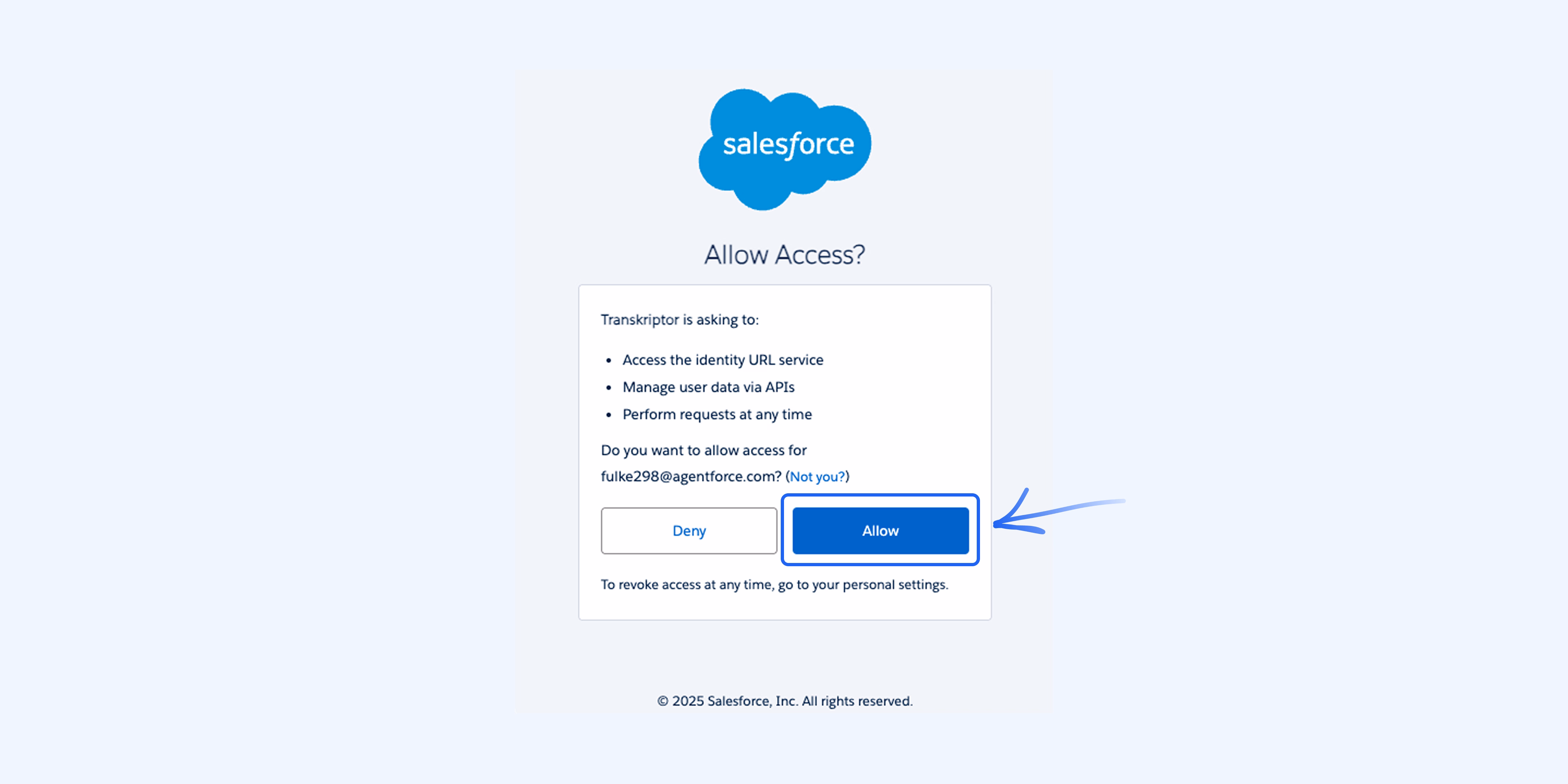 Richiesta di autorizzazione di accesso a Salesforce per l'integrazione Salesforce.
