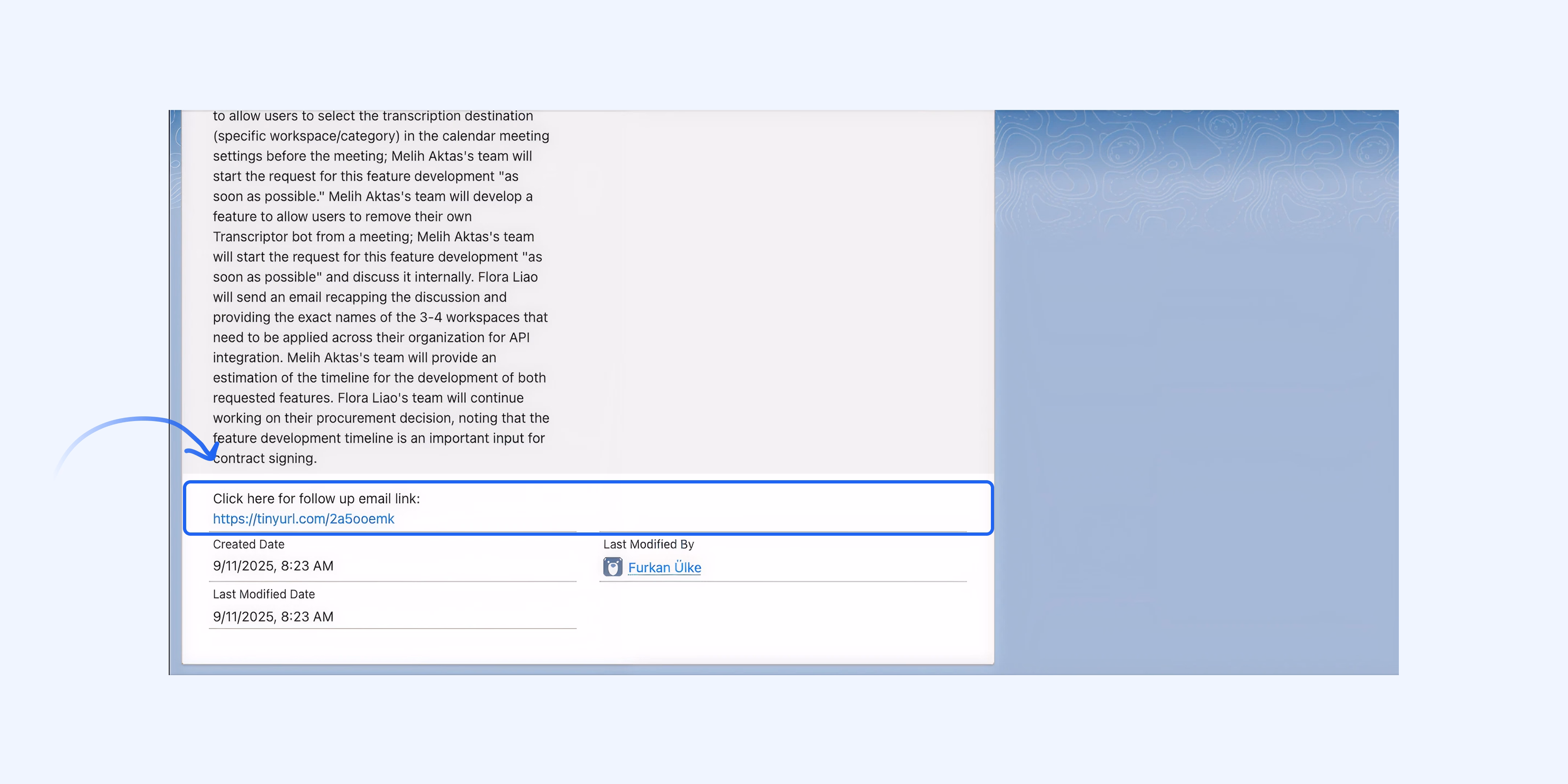 Integrazione Salesforce con Transkriptor che mostra un link per l'email di follow-up.