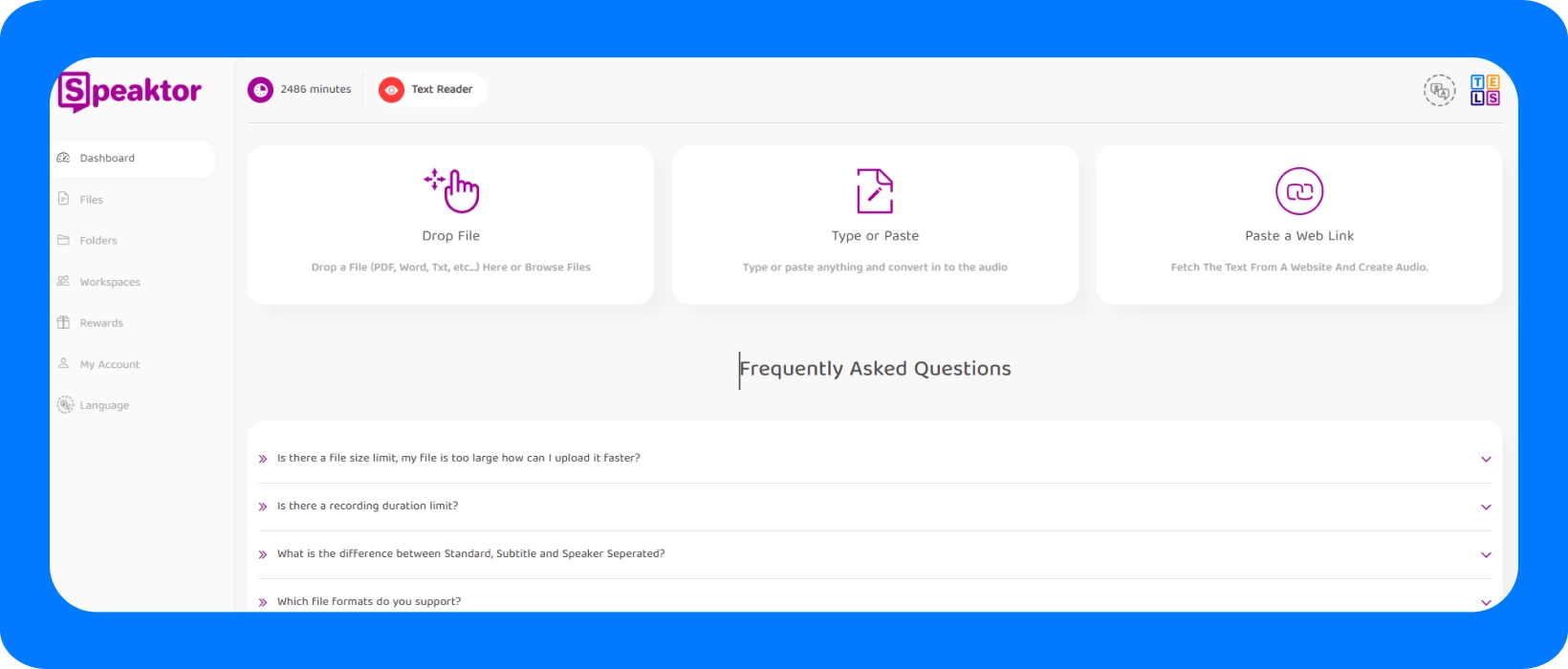 Speaktor интерфејс на платформата за истакнување на карактеристиките за претворање на текстот во глас онлајн.