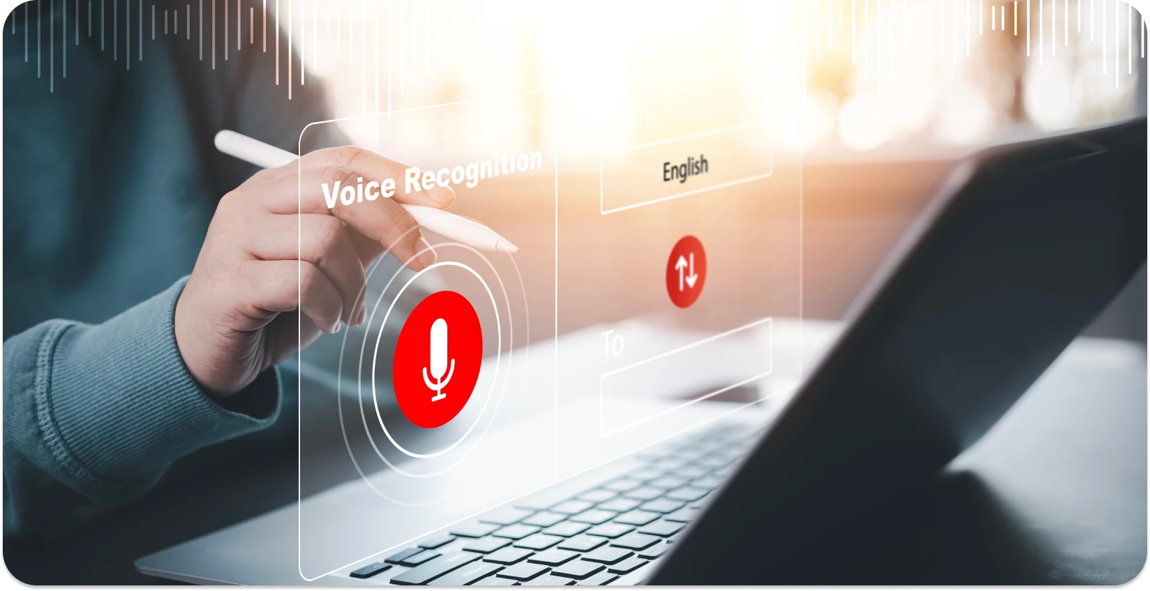 Silhouette d’une personne utilisant la technologie de reconnaissance vocale avec des ondes sonores visuelles et une icône de microphone.